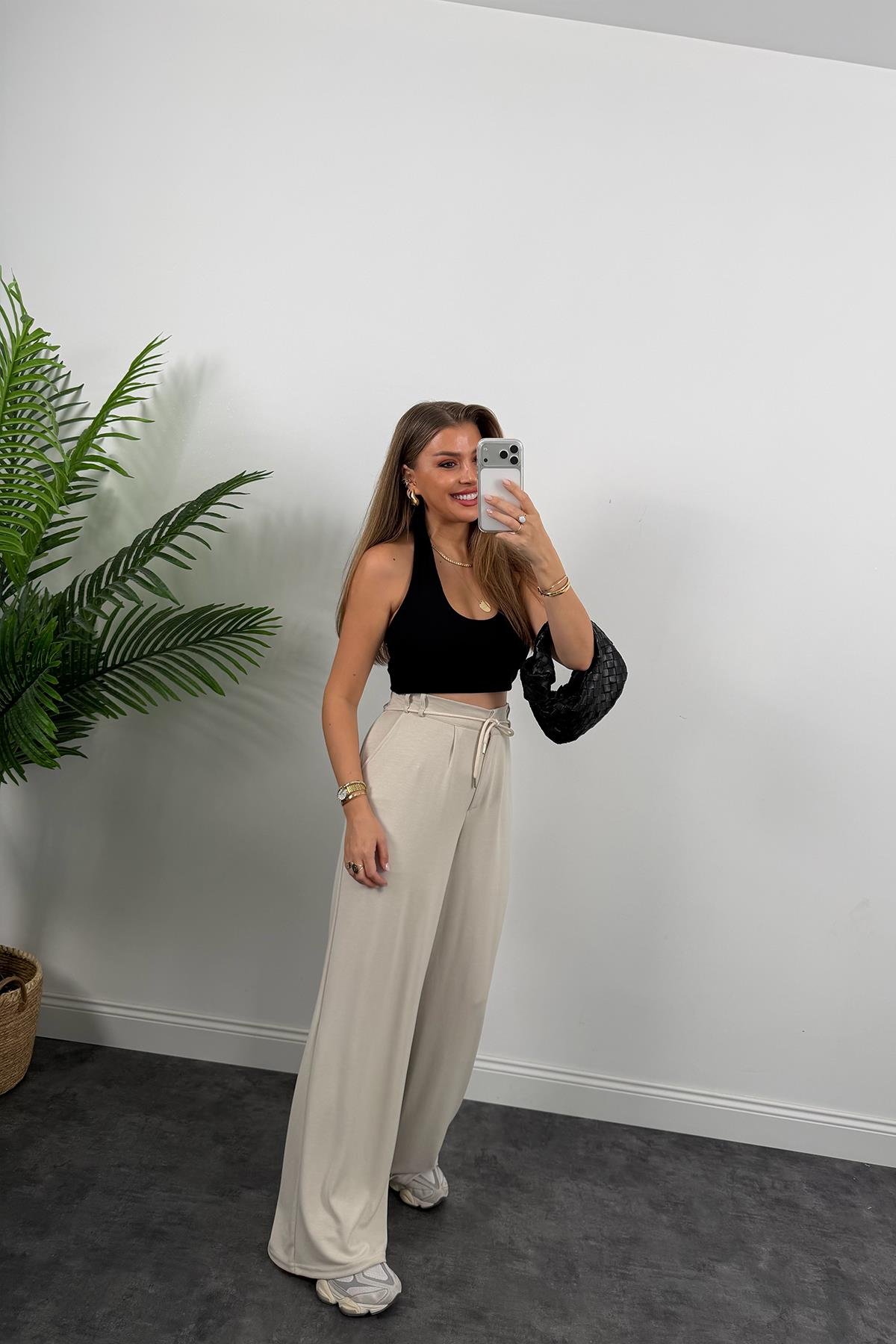 Oysh Kumaş Beli İpli Likralı Palazzo Pantolon Taş