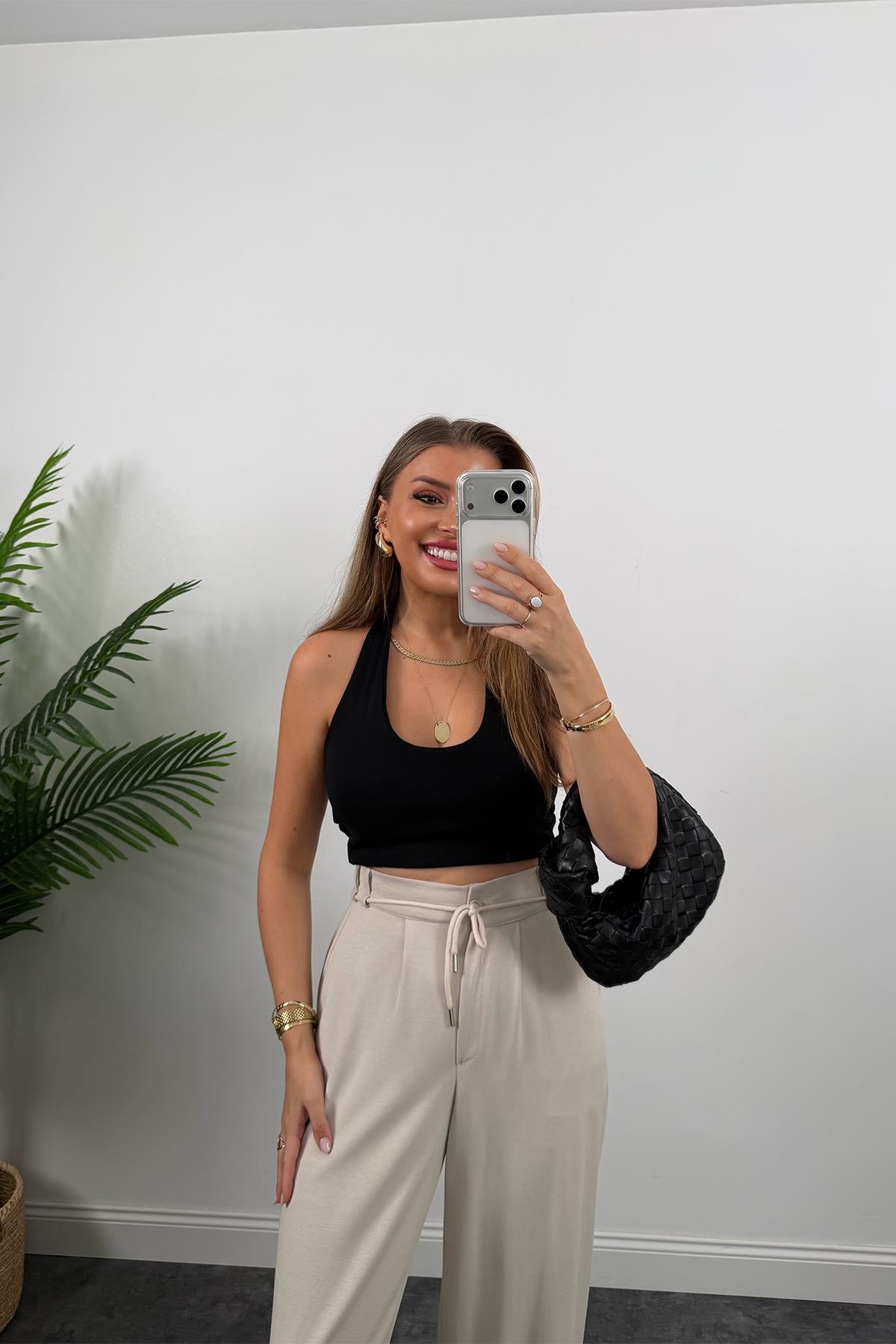 Oysh Kumaş Beli İpli Likralı Palazzo Pantolon Taş