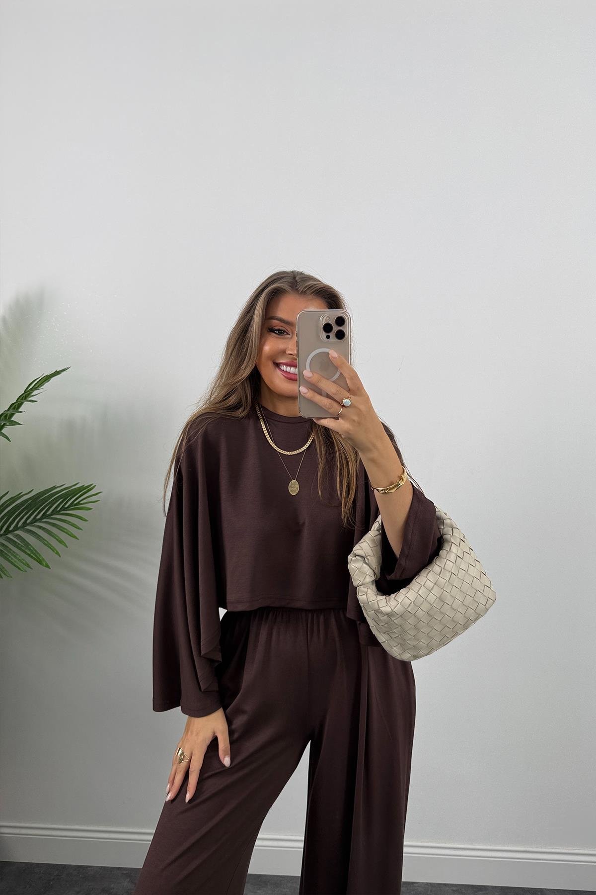 Oysh Kumaş Yarasa Kol Likralı Palazzo Takım Acı Kahve