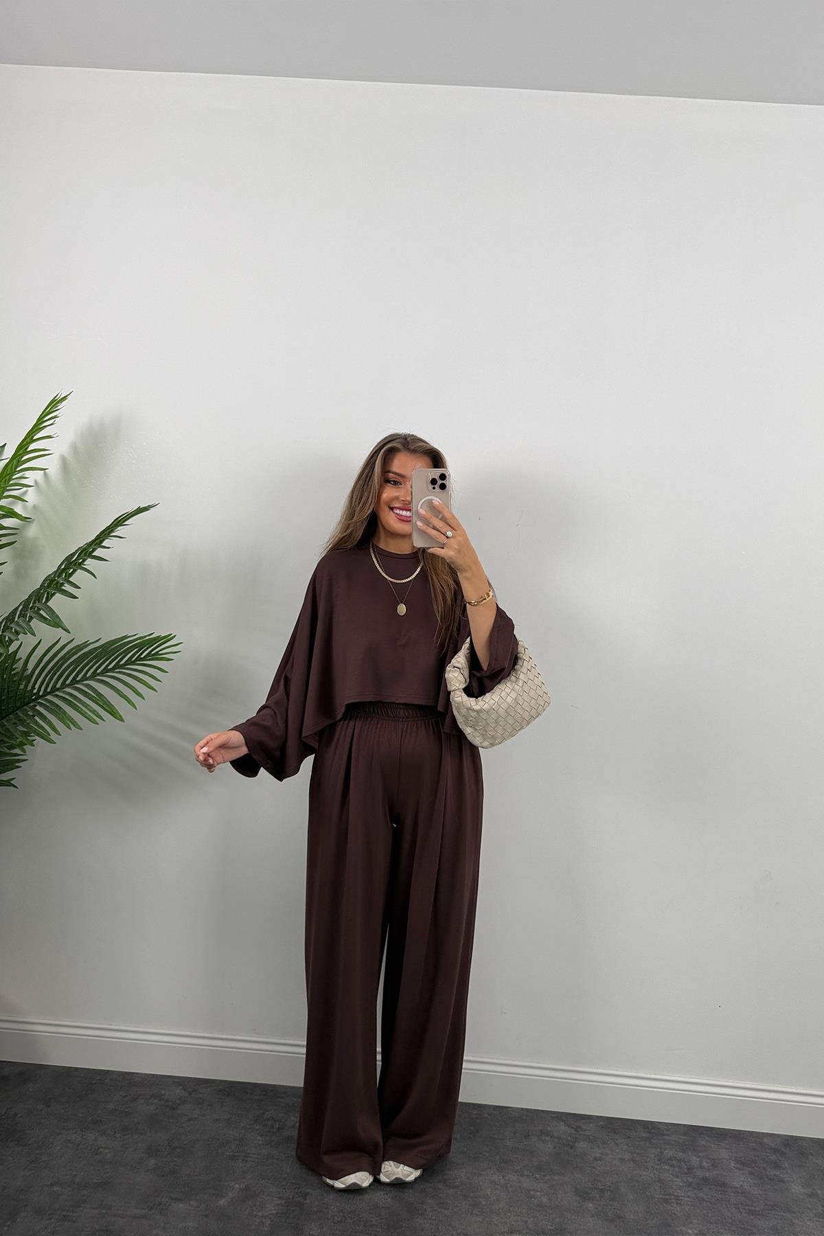 Oysh Kumaş Yarasa Kol Likralı Palazzo Takım Acı Kahve