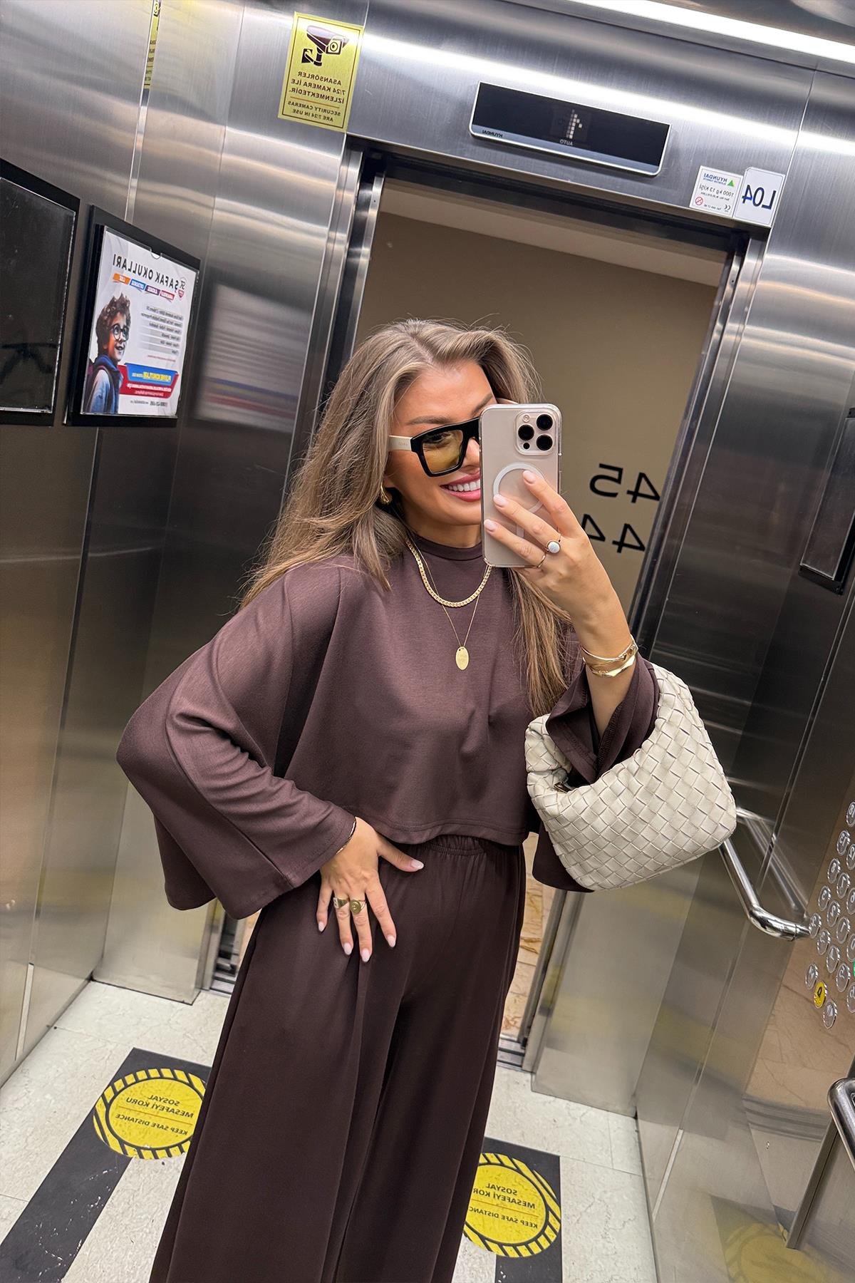 Oysh Kumaş Yarasa Kol Likralı Palazzo Takım Acı Kahve