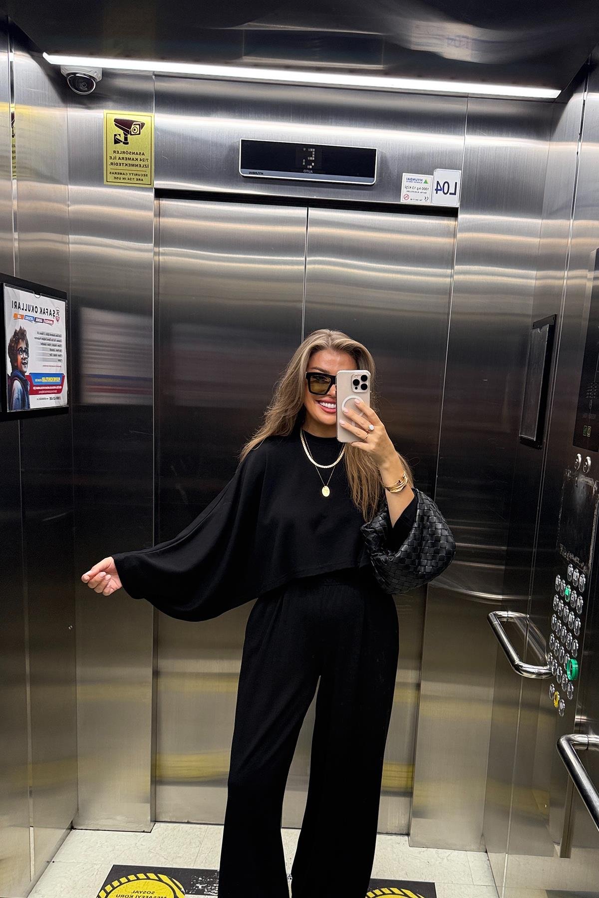 Oysh Kumaş Yarasa Kol Likralı Palazzo Takım Siyah