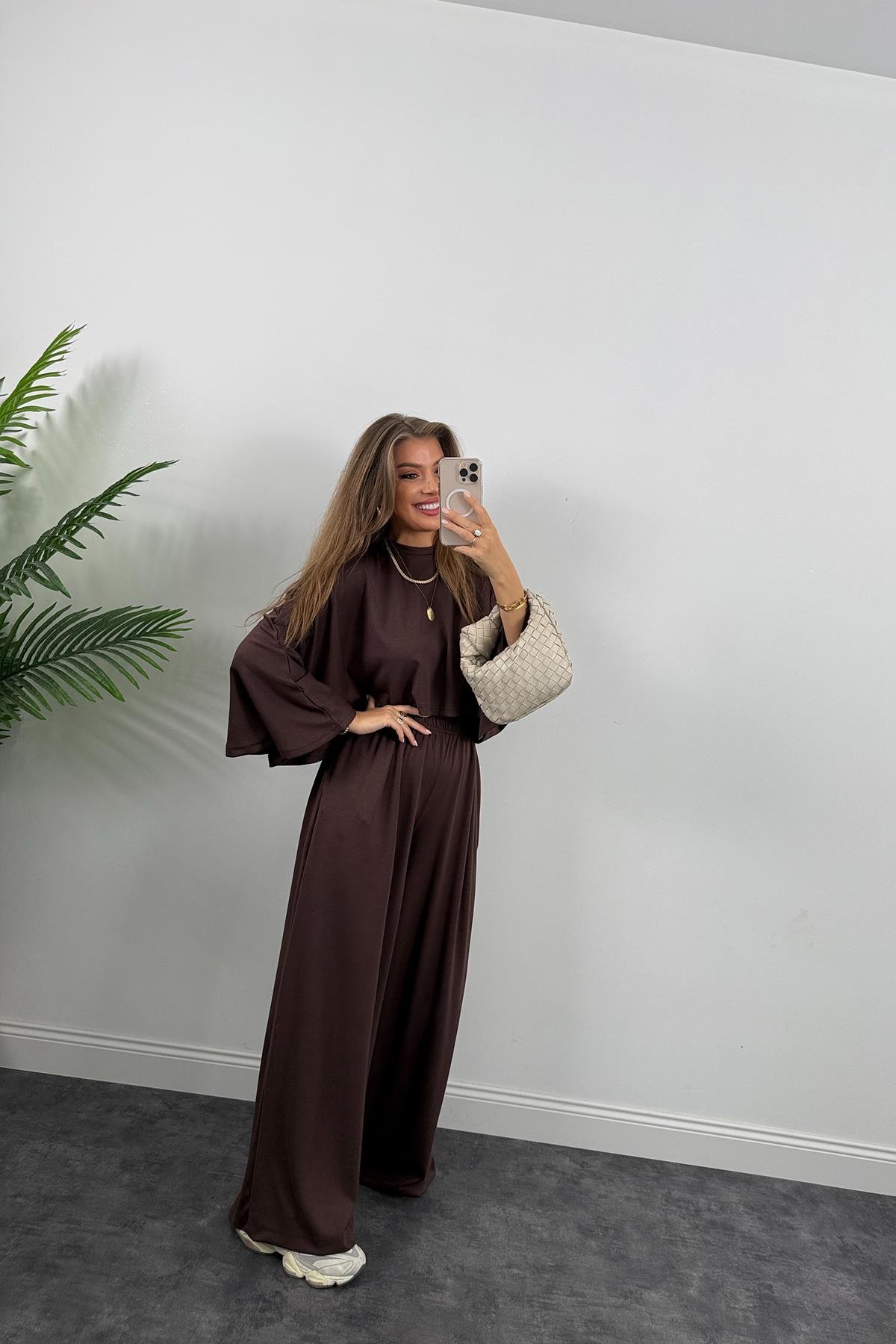 Oysh Kumaş Yarasa Kol Likralı Palazzo Takım Acı Kahve