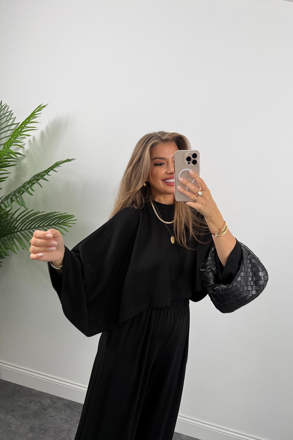 Oysh Kumaş Yarasa Kol Likralı Palazzo Takım Siyah