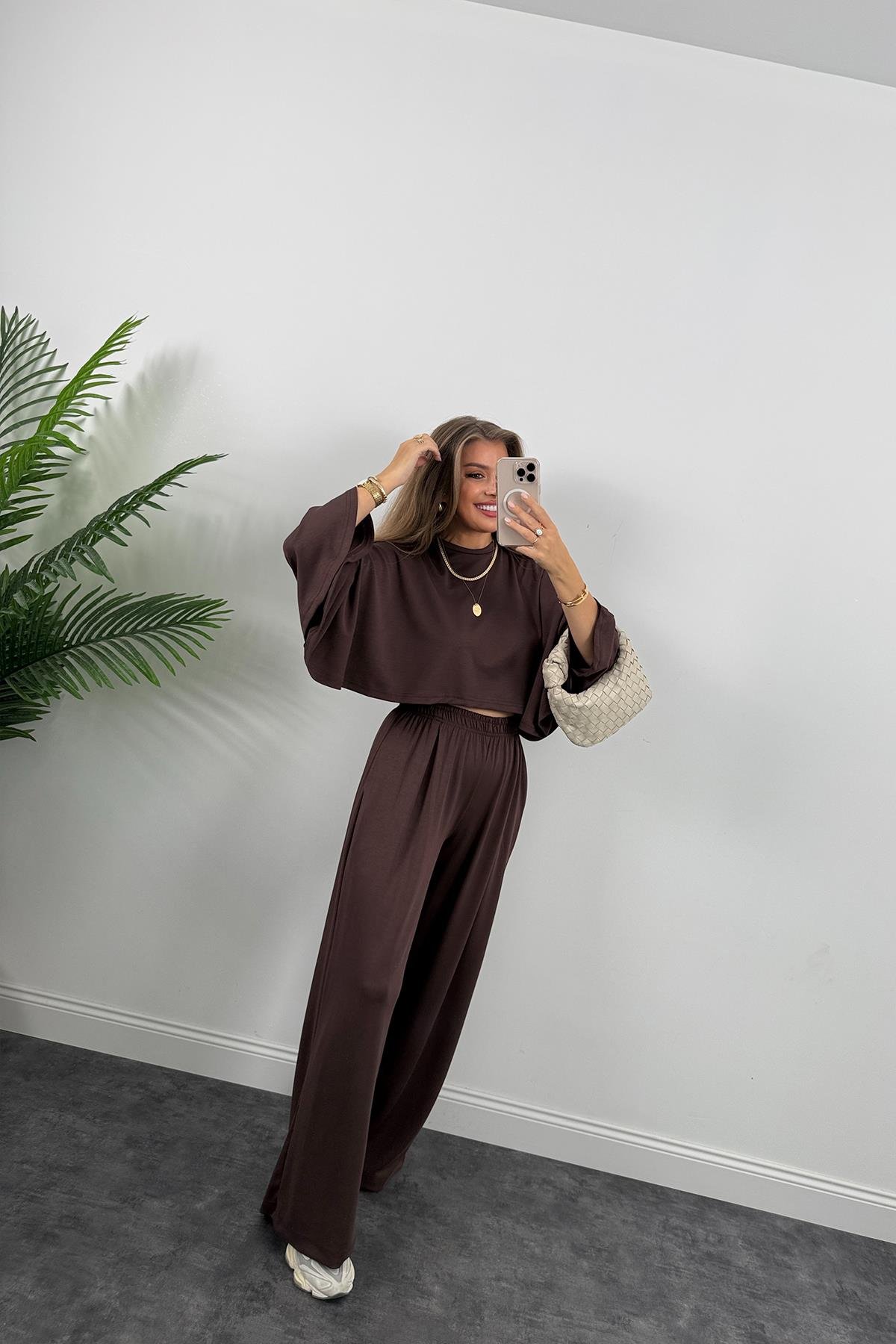 Oysh Kumaş Yarasa Kol Likralı Palazzo Takım Acı Kahve