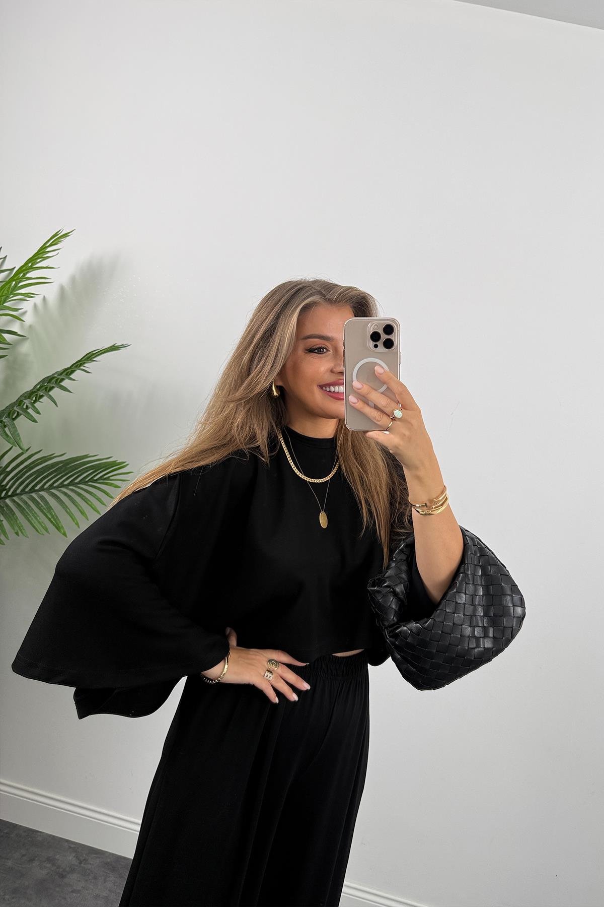 Oysh Kumaş Yarasa Kol Likralı Palazzo Takım Siyah