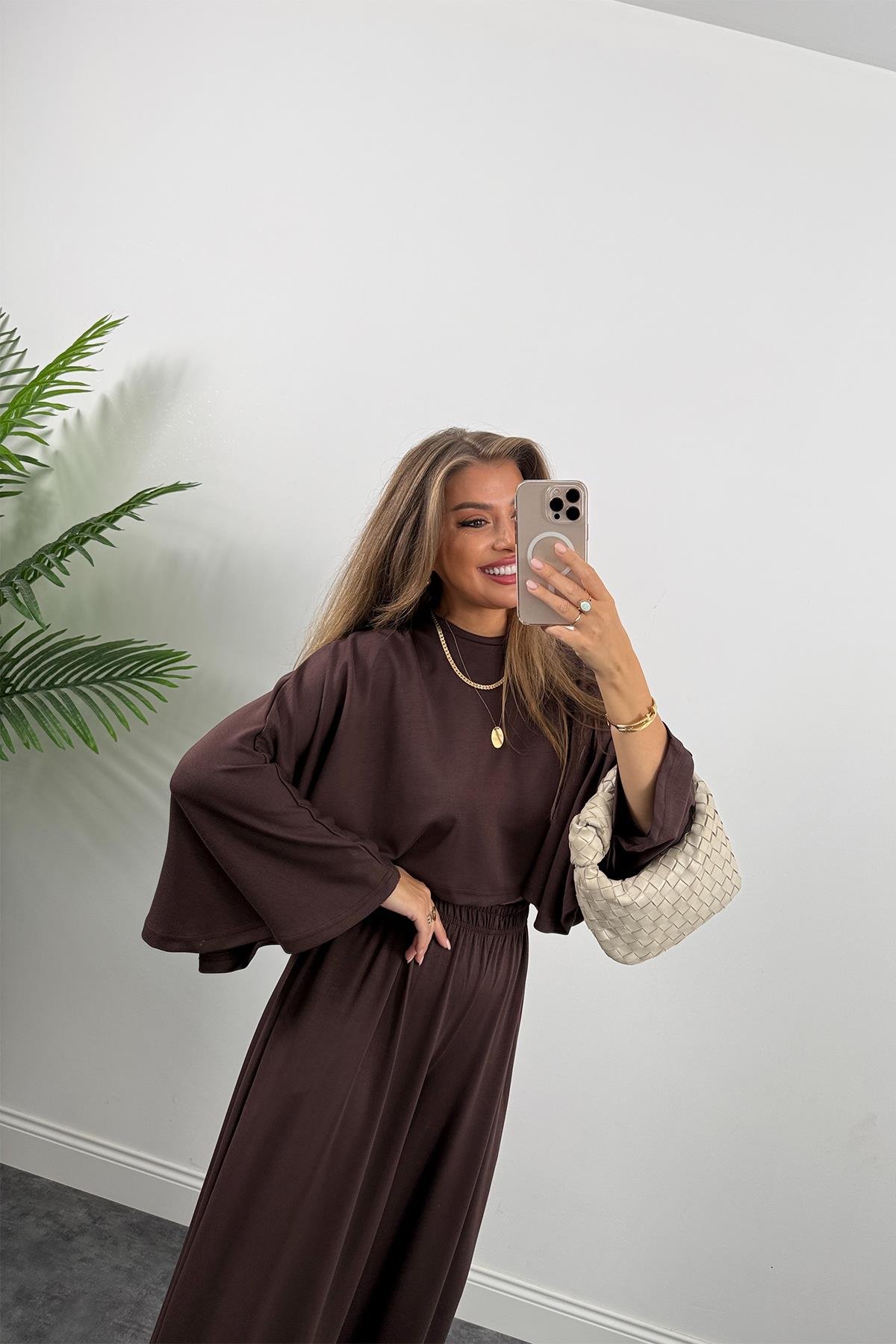 Oysh Kumaş Yarasa Kol Likralı Palazzo Takım Acı Kahve