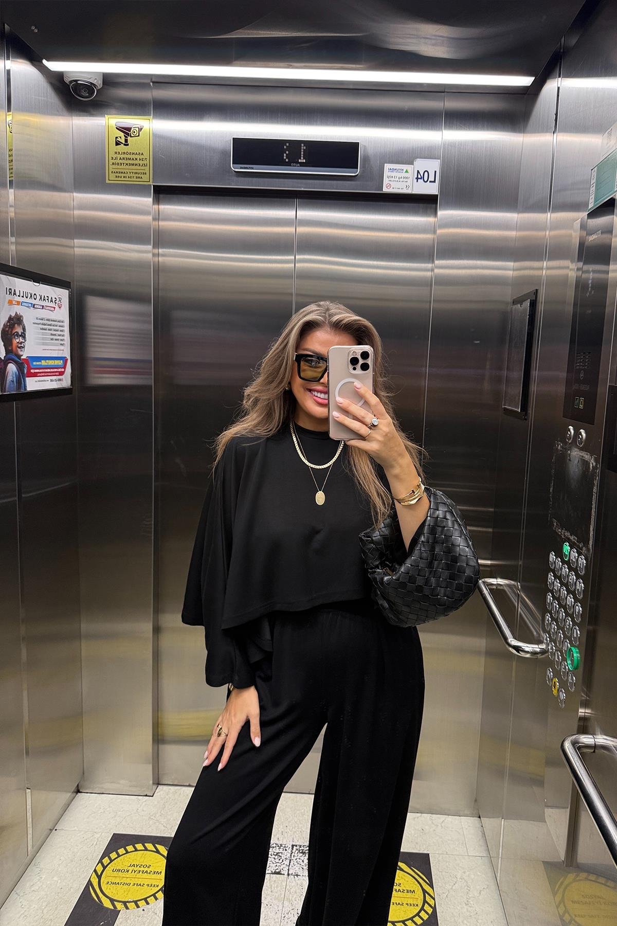 Oysh Kumaş Yarasa Kol Likralı Palazzo Takım Siyah