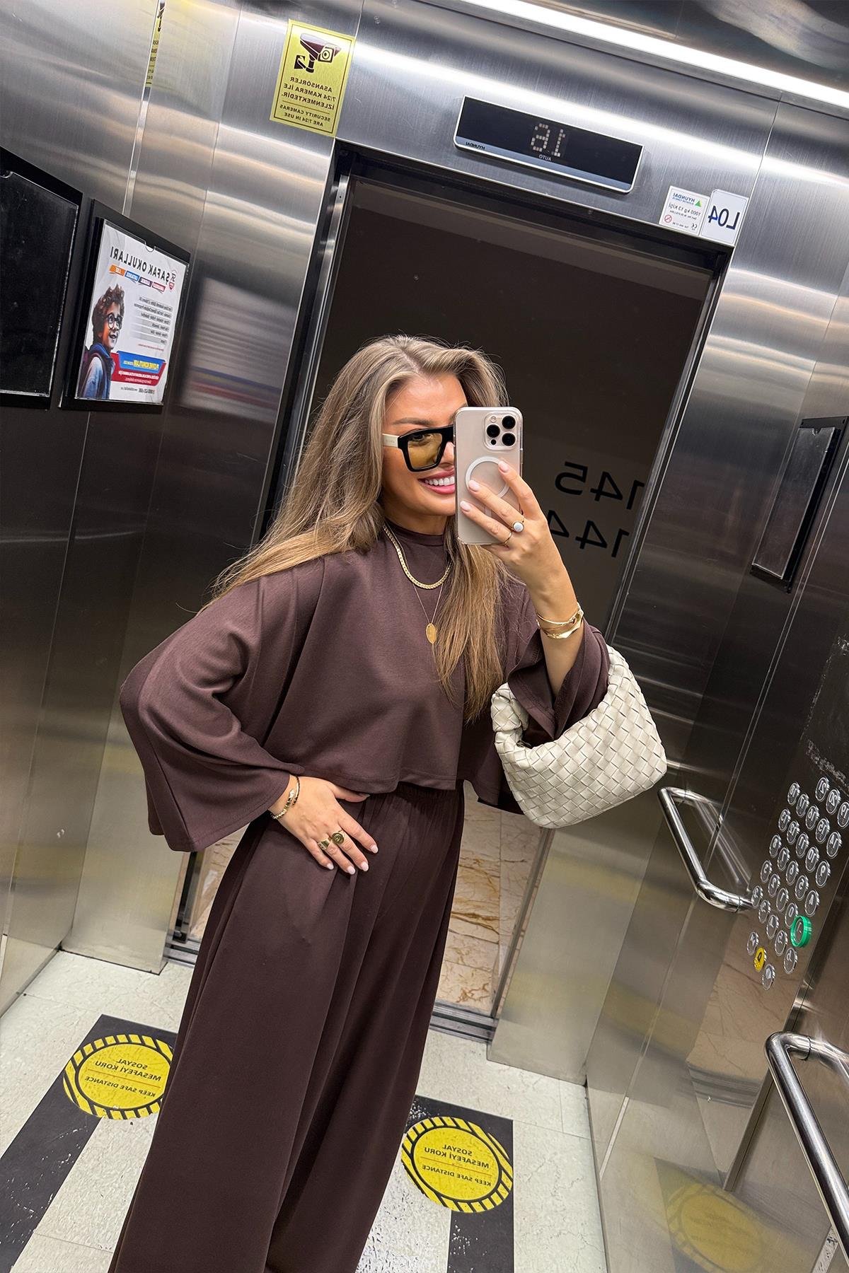 Oysh Kumaş Yarasa Kol Likralı Palazzo Takım Acı Kahve