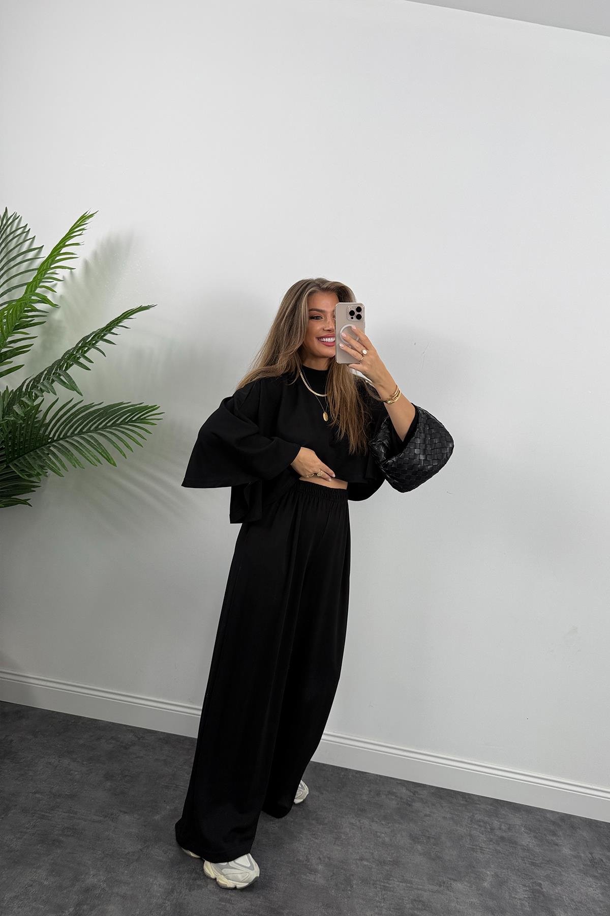 Oysh Kumaş Yarasa Kol Likralı Palazzo Takım Siyah