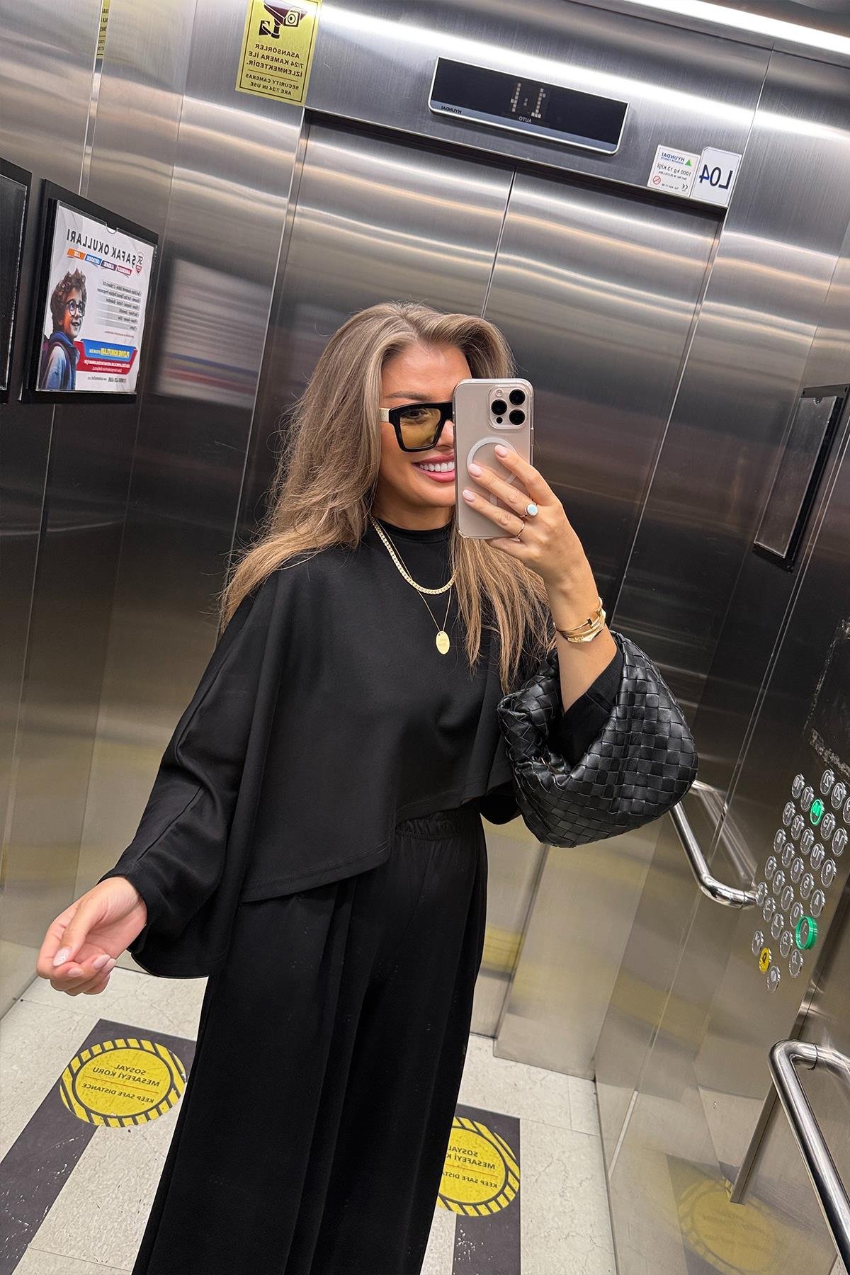 Oysh Kumaş Yarasa Kol Likralı Palazzo Takım Siyah