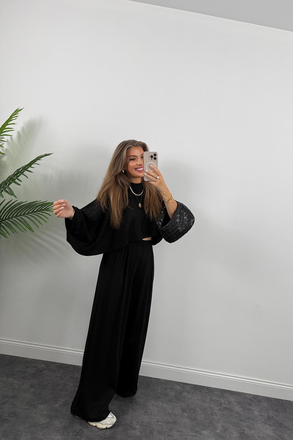 Oysh Kumaş Yarasa Kol Likralı Palazzo Takım Siyah