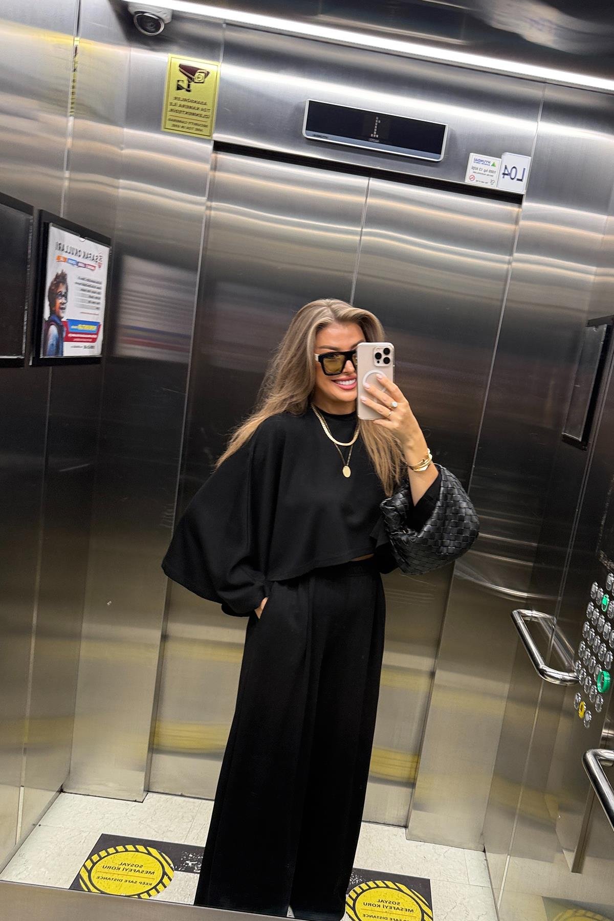 Oysh Kumaş Yarasa Kol Likralı Palazzo Takım Siyah