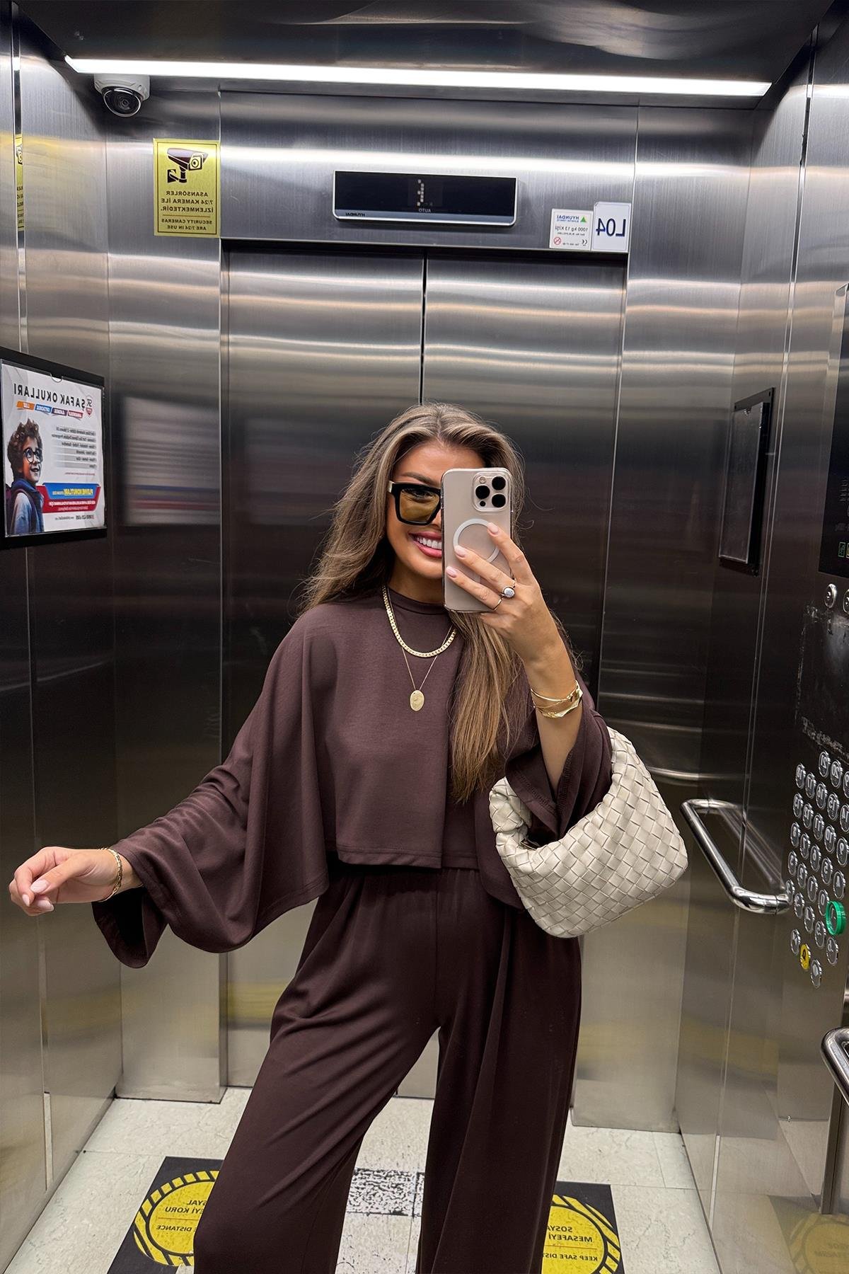 Oysh Kumaş Yarasa Kol Likralı Palazzo Takım Acı Kahve