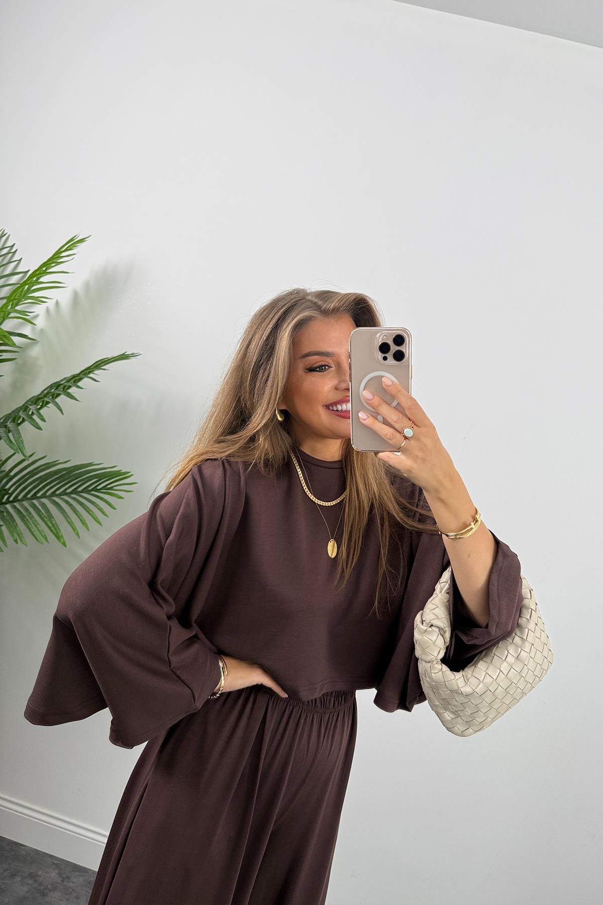 Oysh Kumaş Yarasa Kol Likralı Palazzo Takım Acı Kahve