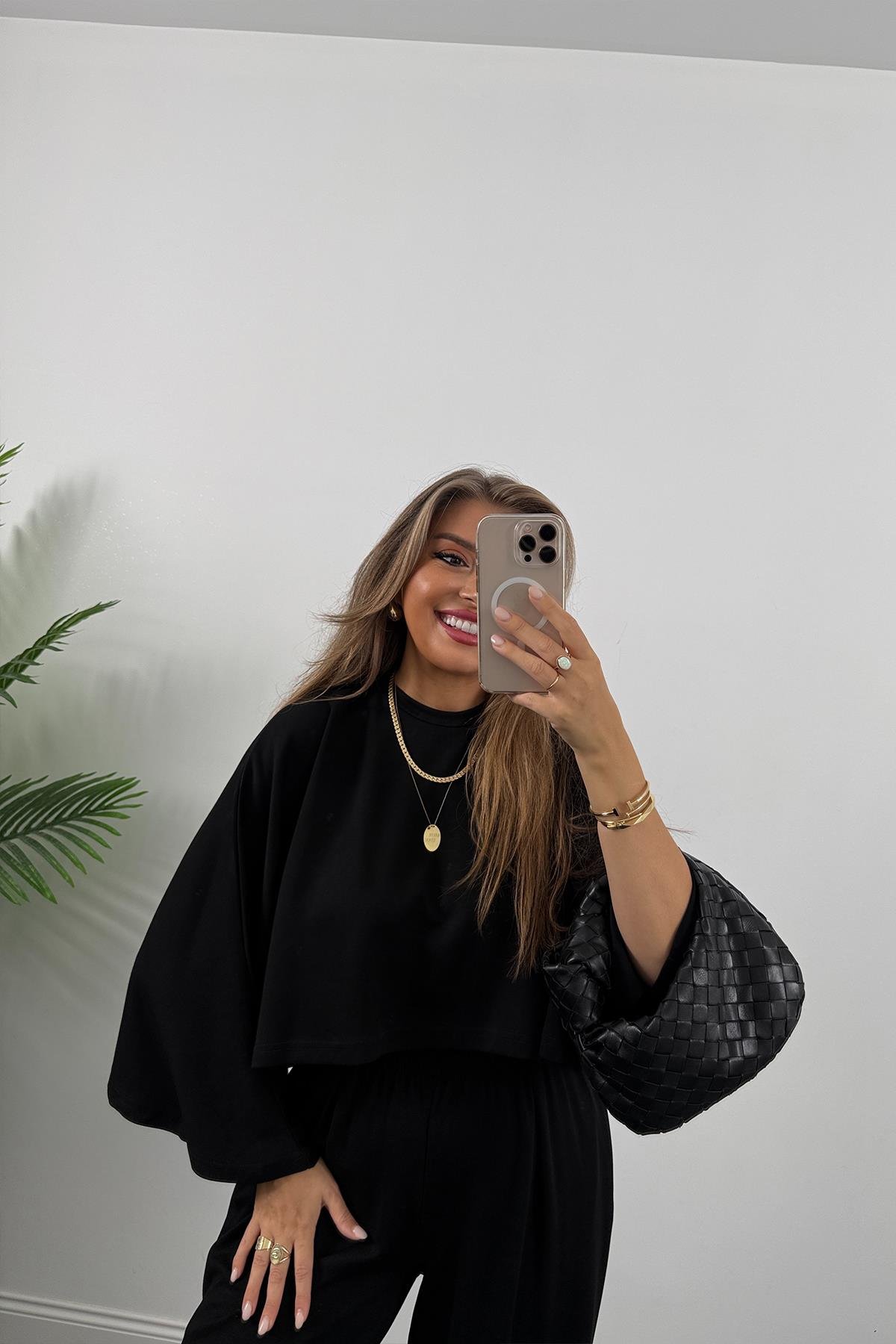 Oysh Kumaş Yarasa Kol Likralı Palazzo Takım Siyah