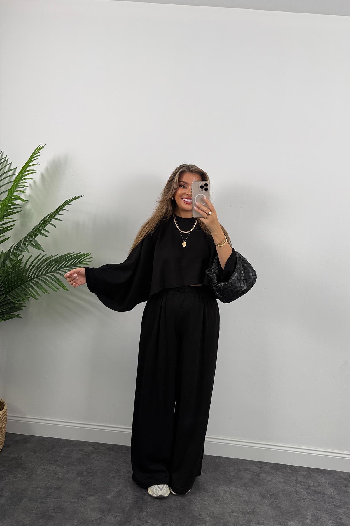 Oysh Kumaş Yarasa Kol Likralı Palazzo Takım Siyah