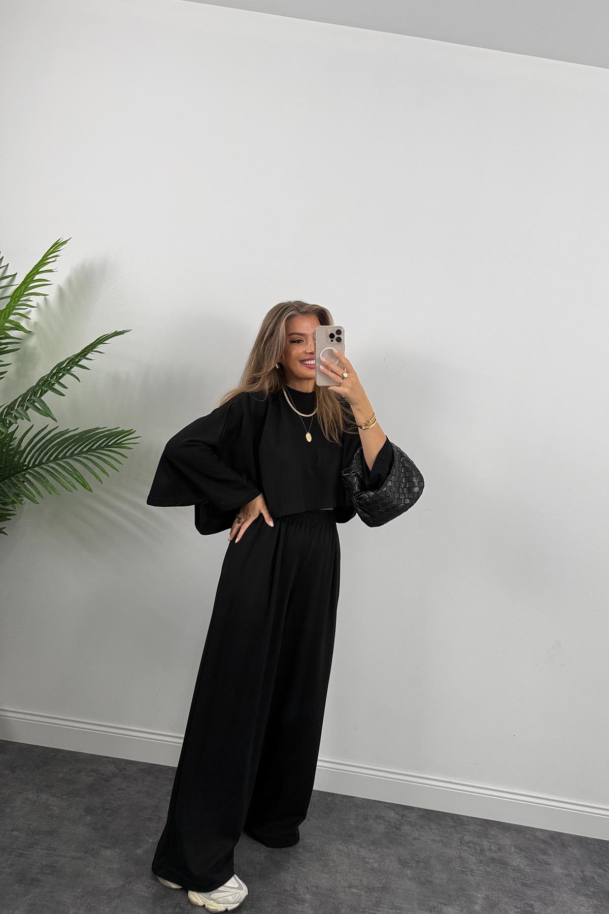 Oysh Kumaş Yarasa Kol Likralı Palazzo Takım Siyah