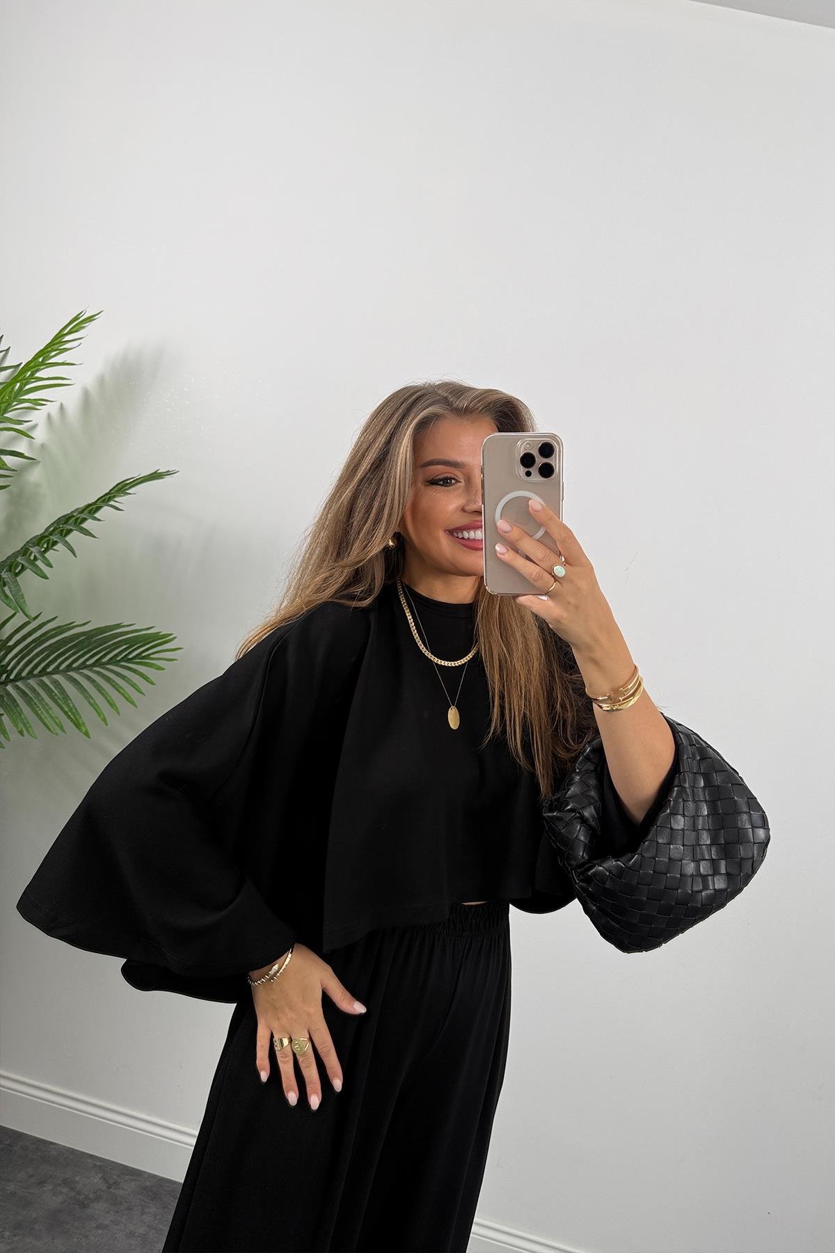 Oysh Kumaş Yarasa Kol Likralı Palazzo Takım Siyah