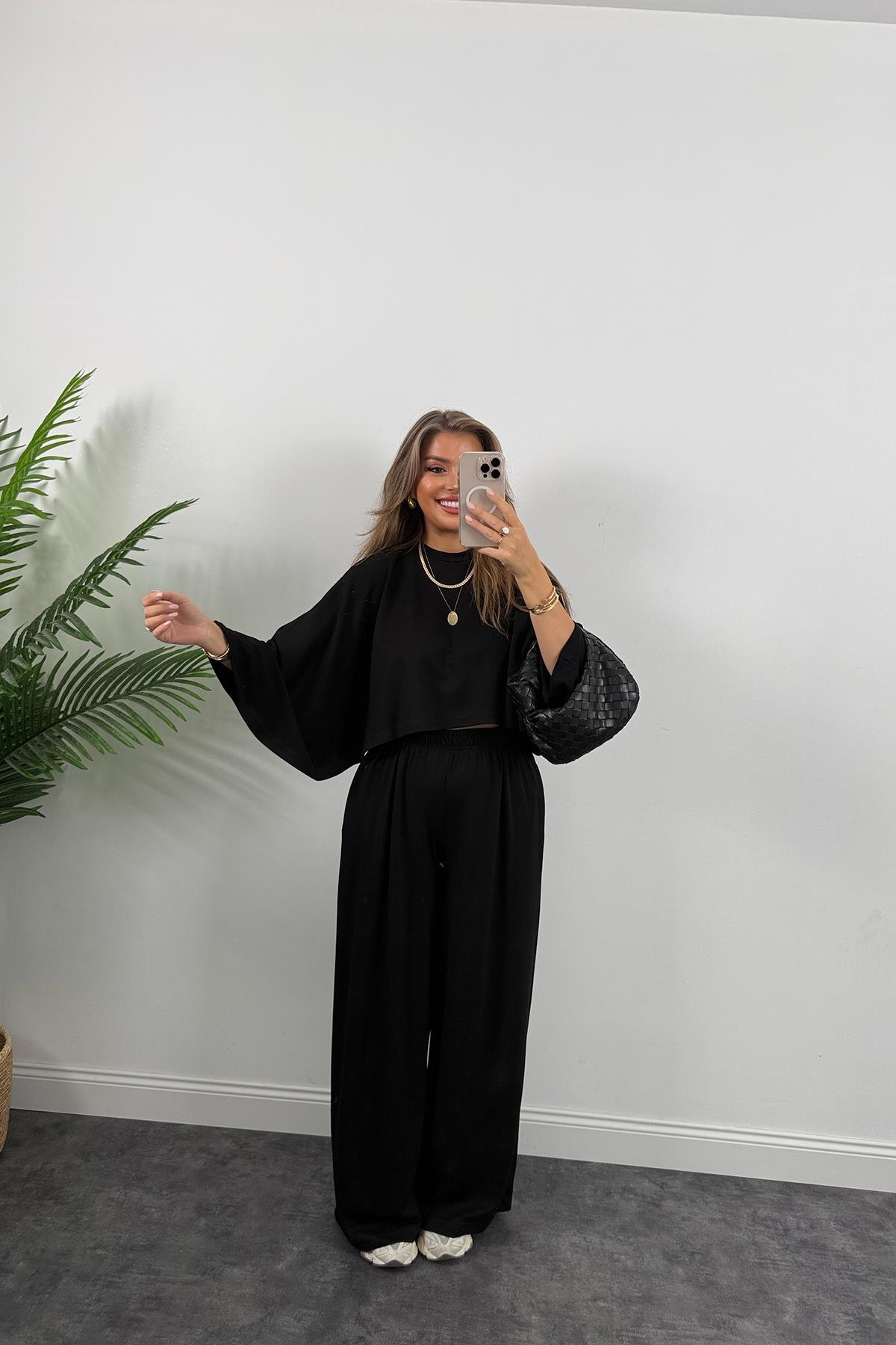 Oysh Kumaş Yarasa Kol Likralı Palazzo Takım Siyah