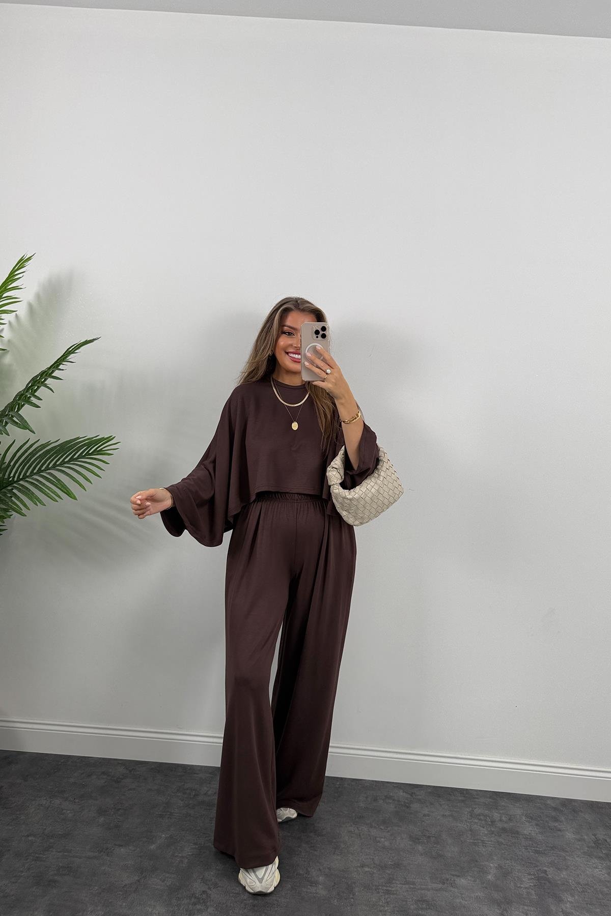 Oysh Kumaş Yarasa Kol Likralı Palazzo Takım Acı Kahve