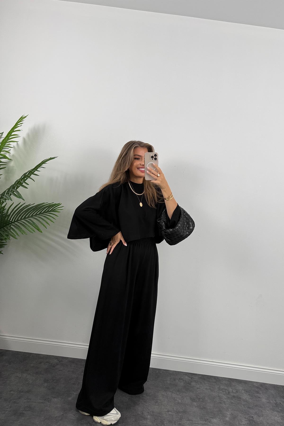 Oysh Kumaş Yarasa Kol Likralı Palazzo Takım Siyah