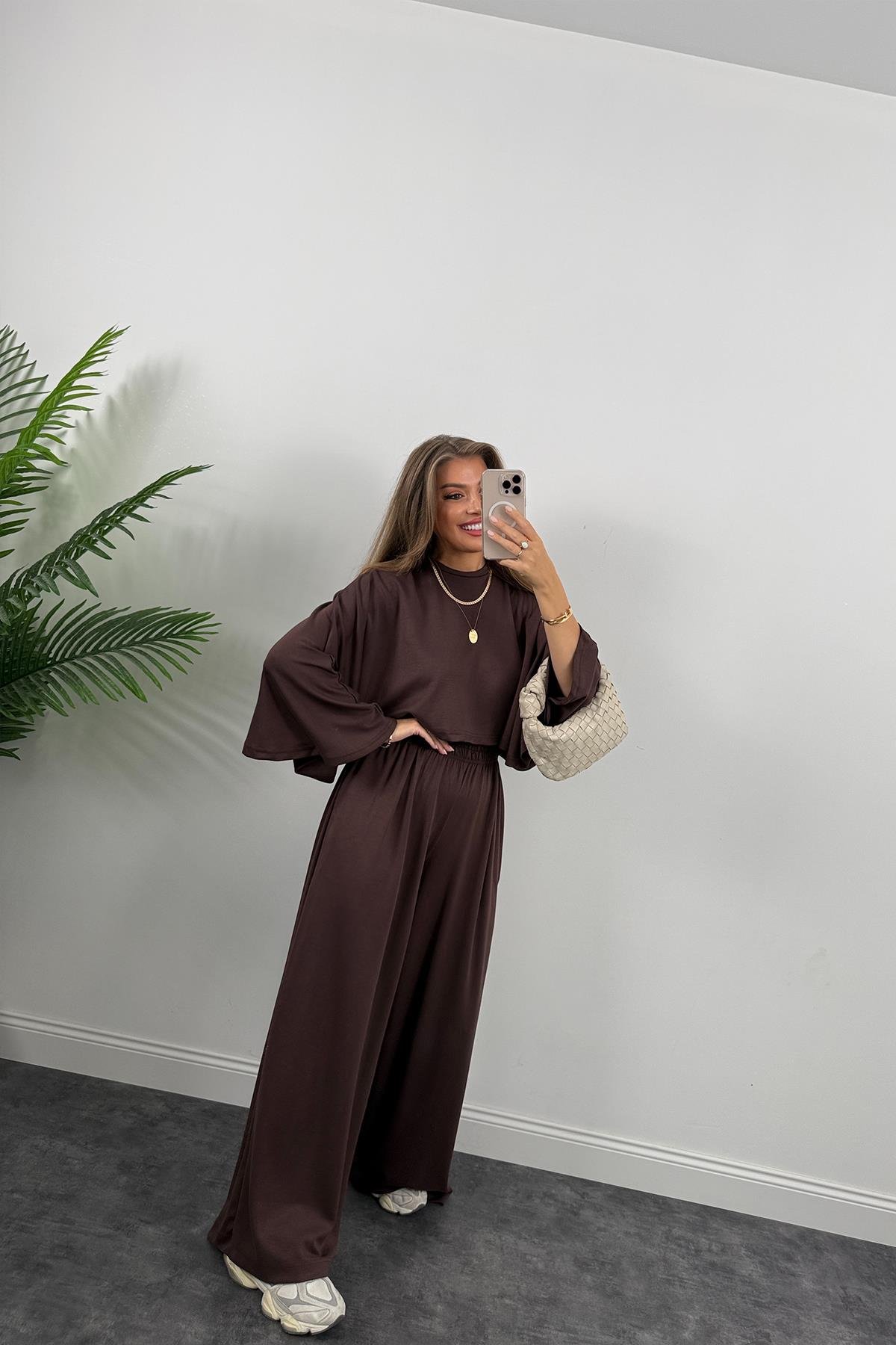 Oysh Kumaş Yarasa Kol Likralı Palazzo Takım Acı Kahve