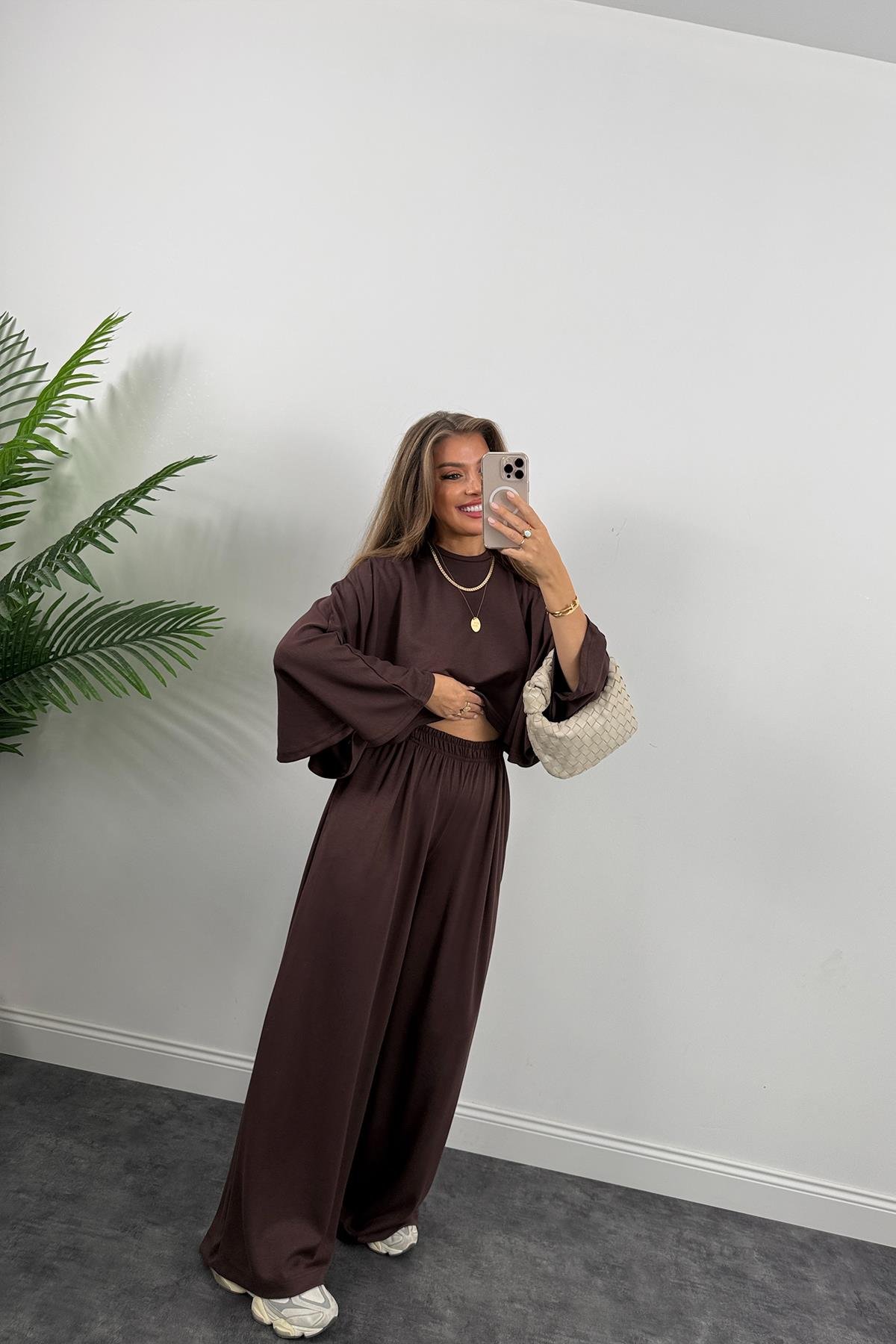 Oysh Kumaş Yarasa Kol Likralı Palazzo Takım Acı Kahve