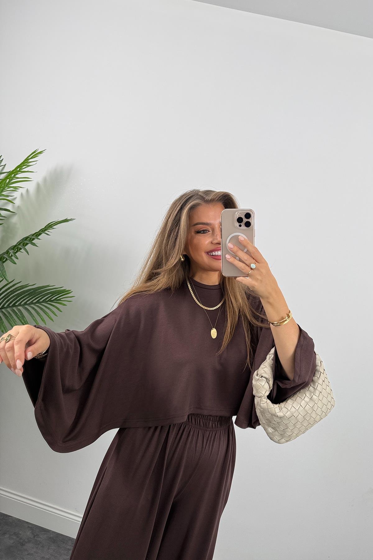 Oysh Kumaş Yarasa Kol Likralı Palazzo Takım Acı Kahve