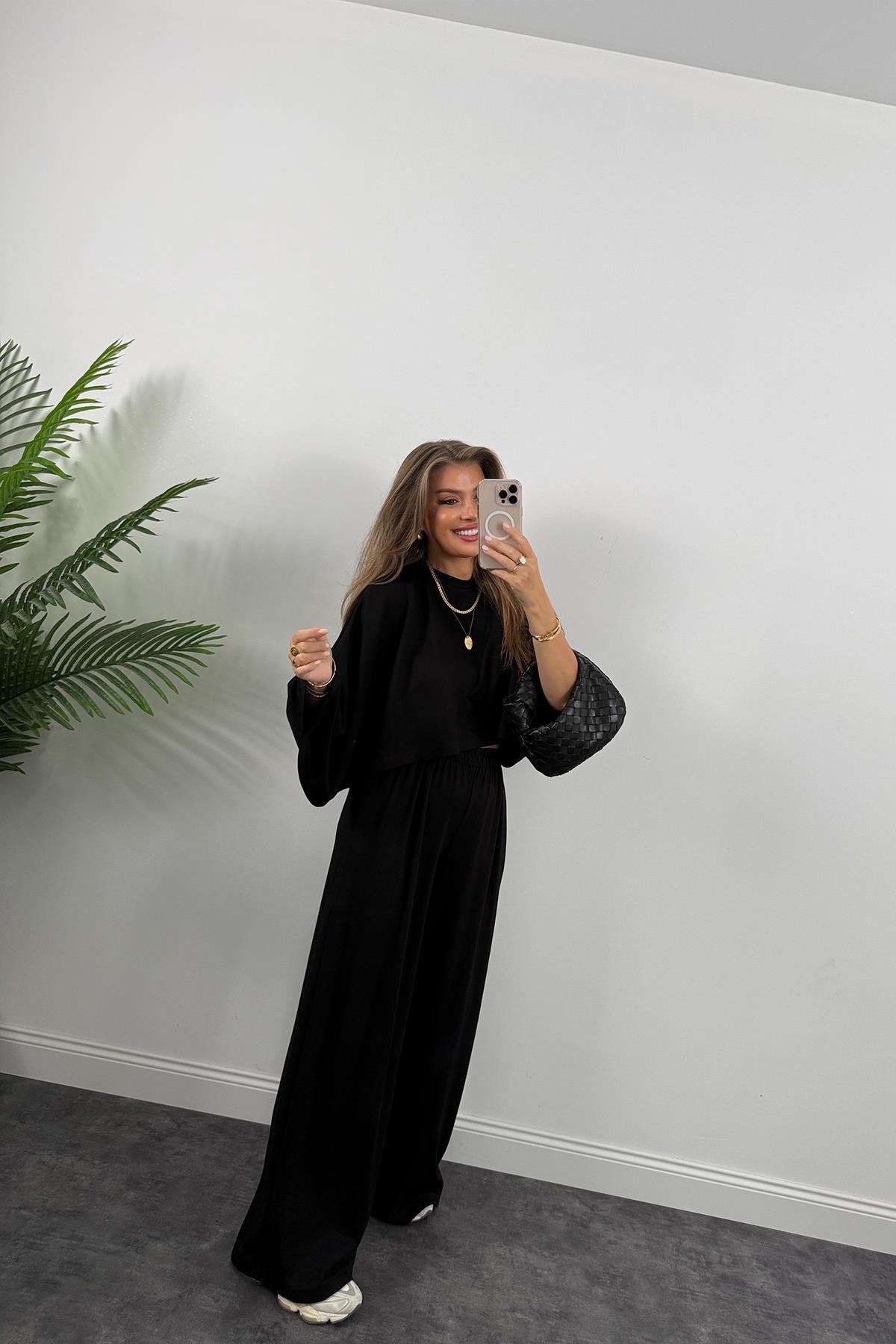 Oysh Kumaş Yarasa Kol Likralı Palazzo Takım Siyah