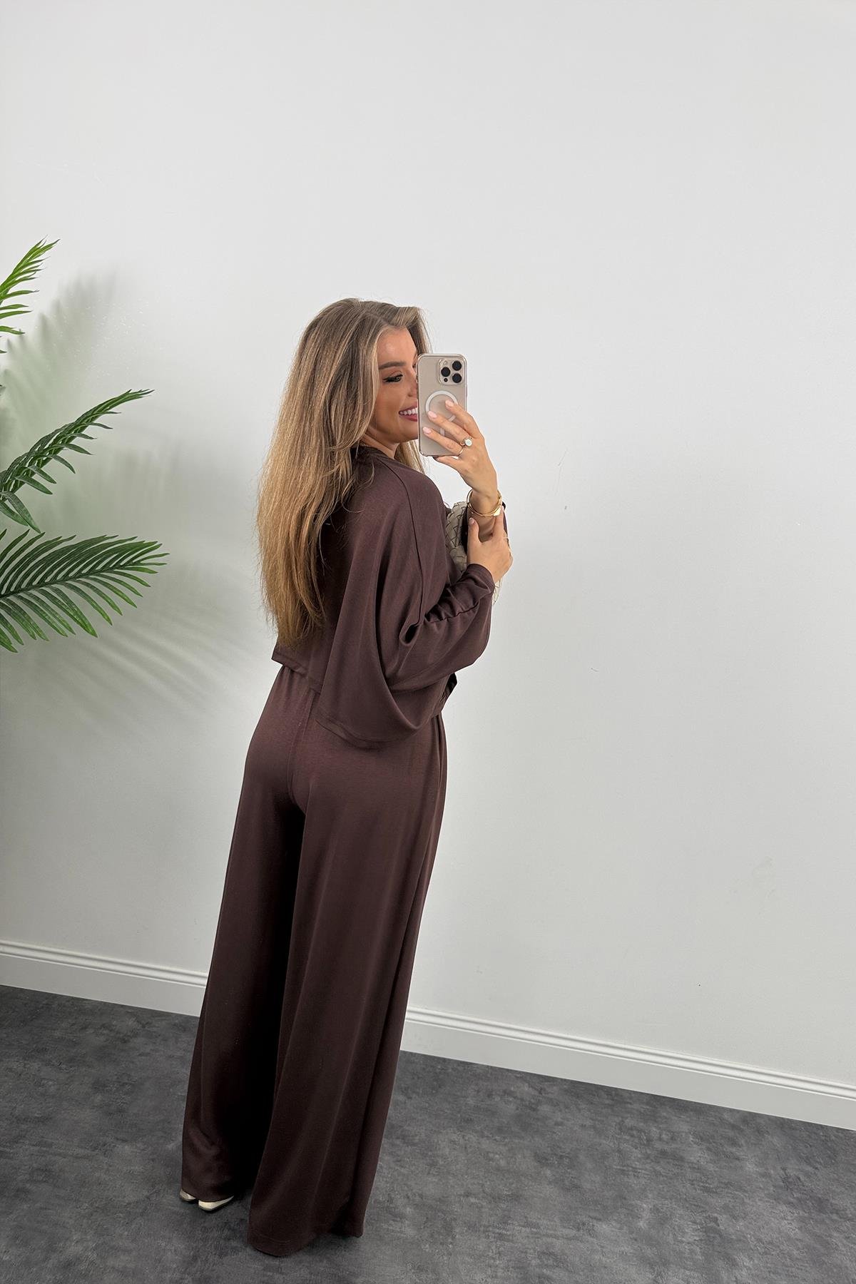 Oysh Kumaş Yarasa Kol Likralı Palazzo Takım Acı Kahve