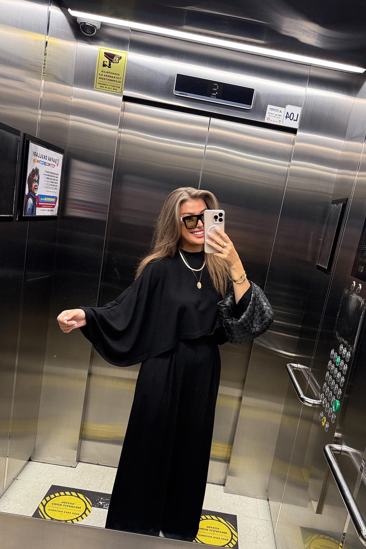 Oysh Kumaş Yarasa Kol Likralı Palazzo Takım Siyah