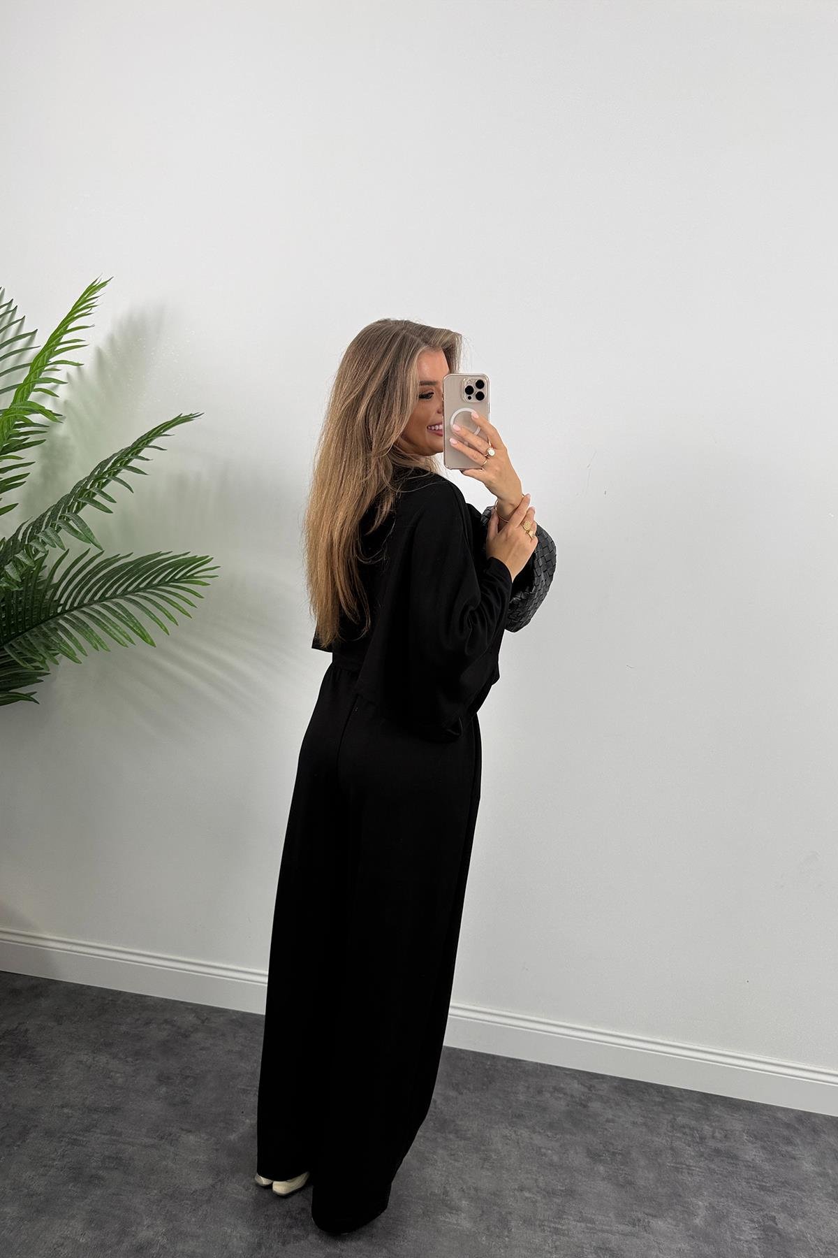 Oysh Kumaş Yarasa Kol Likralı Palazzo Takım Siyah