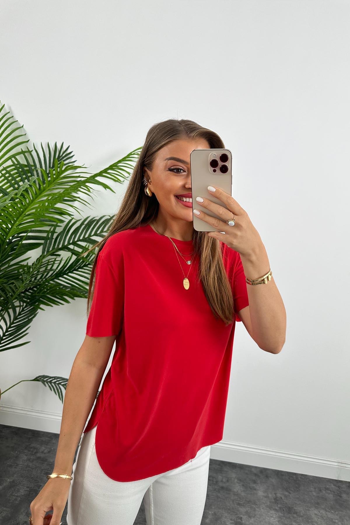 Oysh Modal Kumaş Basic Tshirt Yıkamalı Yıkamalı Kırmızı