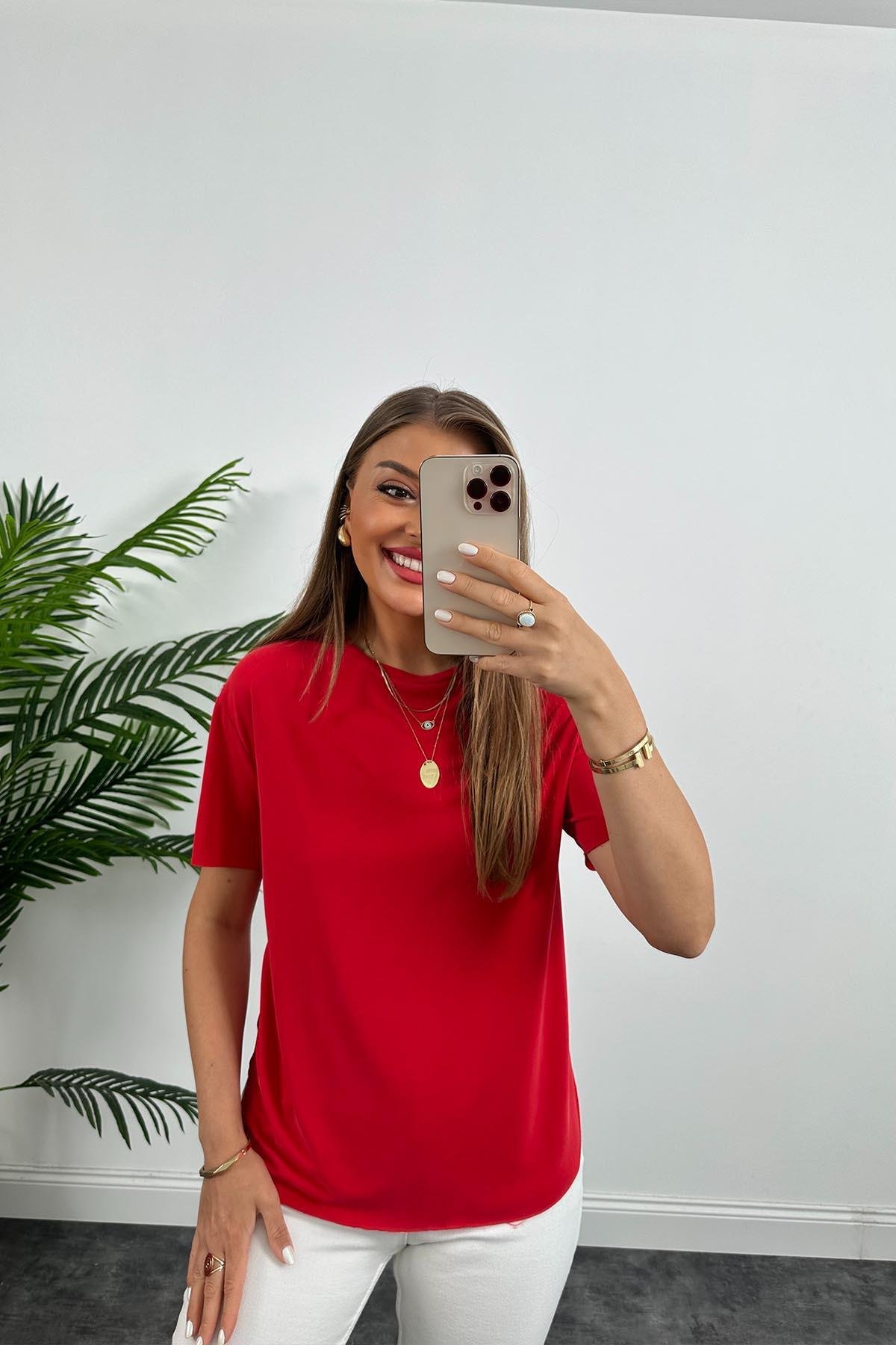 Oysh Modal Kumaş Basic Tshirt Yıkamalı Yıkamalı Kırmızı