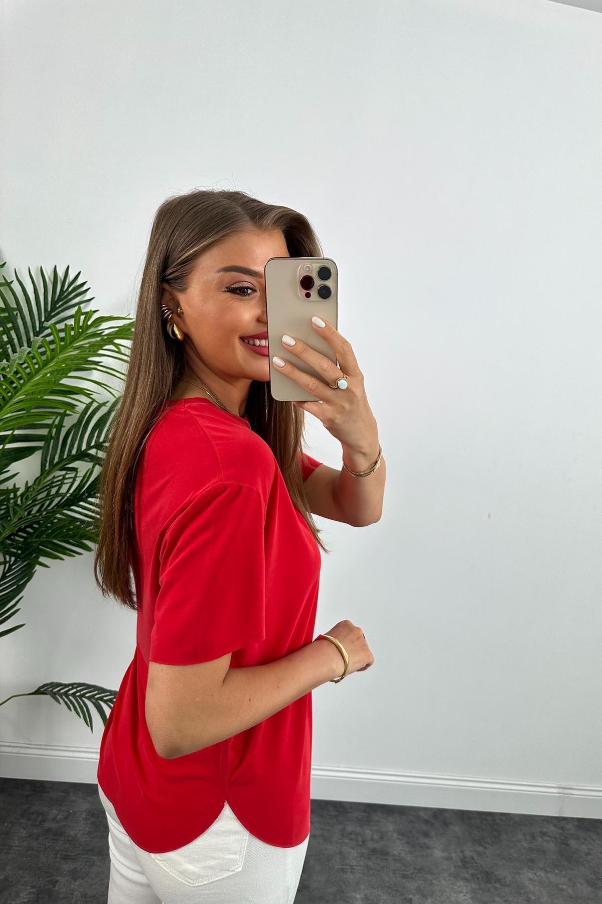 Oysh Modal Kumaş Basic Tshirt Yıkamalı Yıkamalı Kırmızı