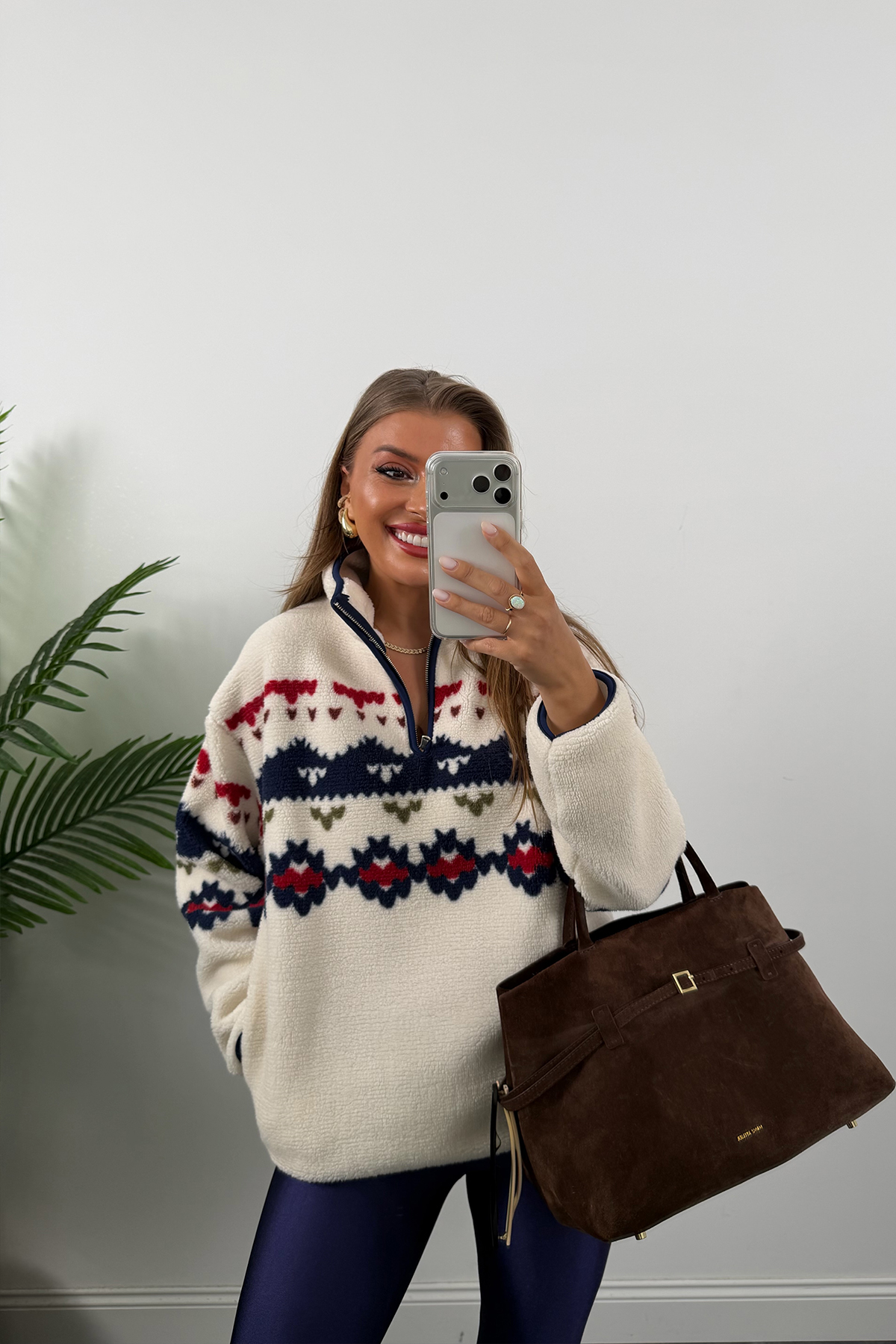 Oysh Model Lacivert Retro Desenli Polar Sweat