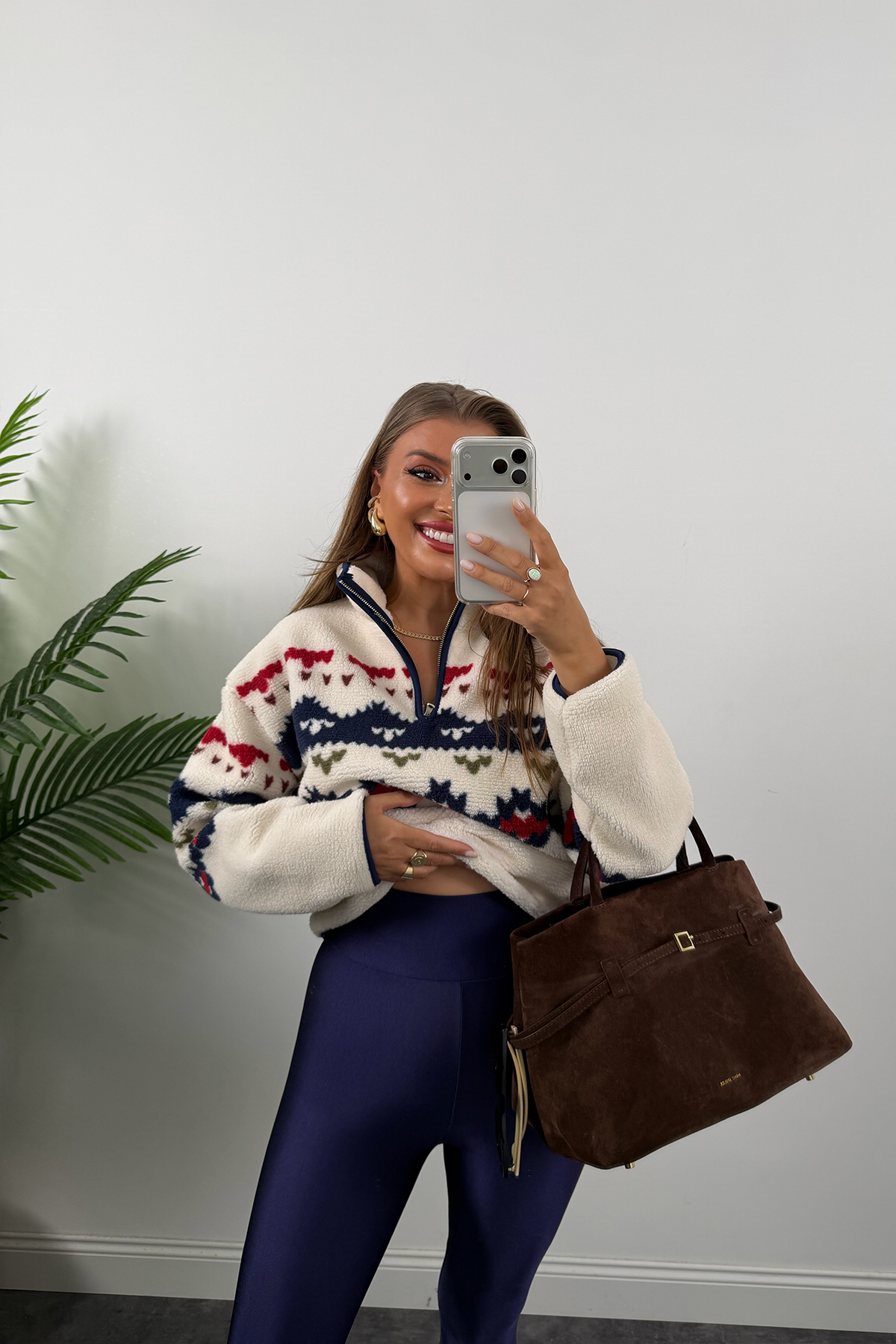 Oysh Model Lacivert Retro Desenli Polar Sweat