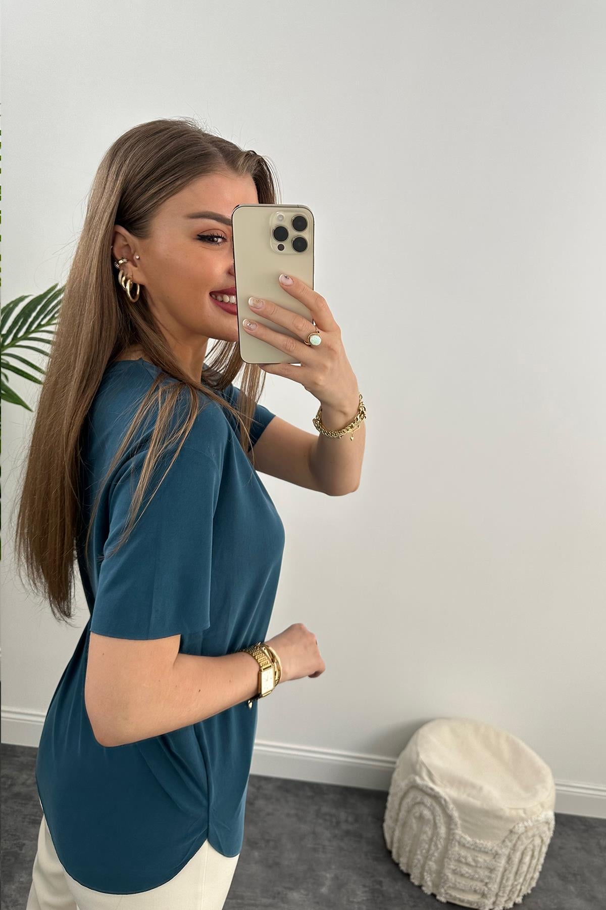 Oysho Modal Kumaş Basic Tshirt Yıkamalı İndigo