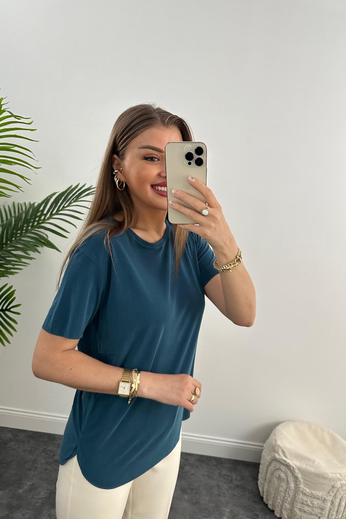 Oysho Modal Kumaş Basic Tshirt Yıkamalı İndigo