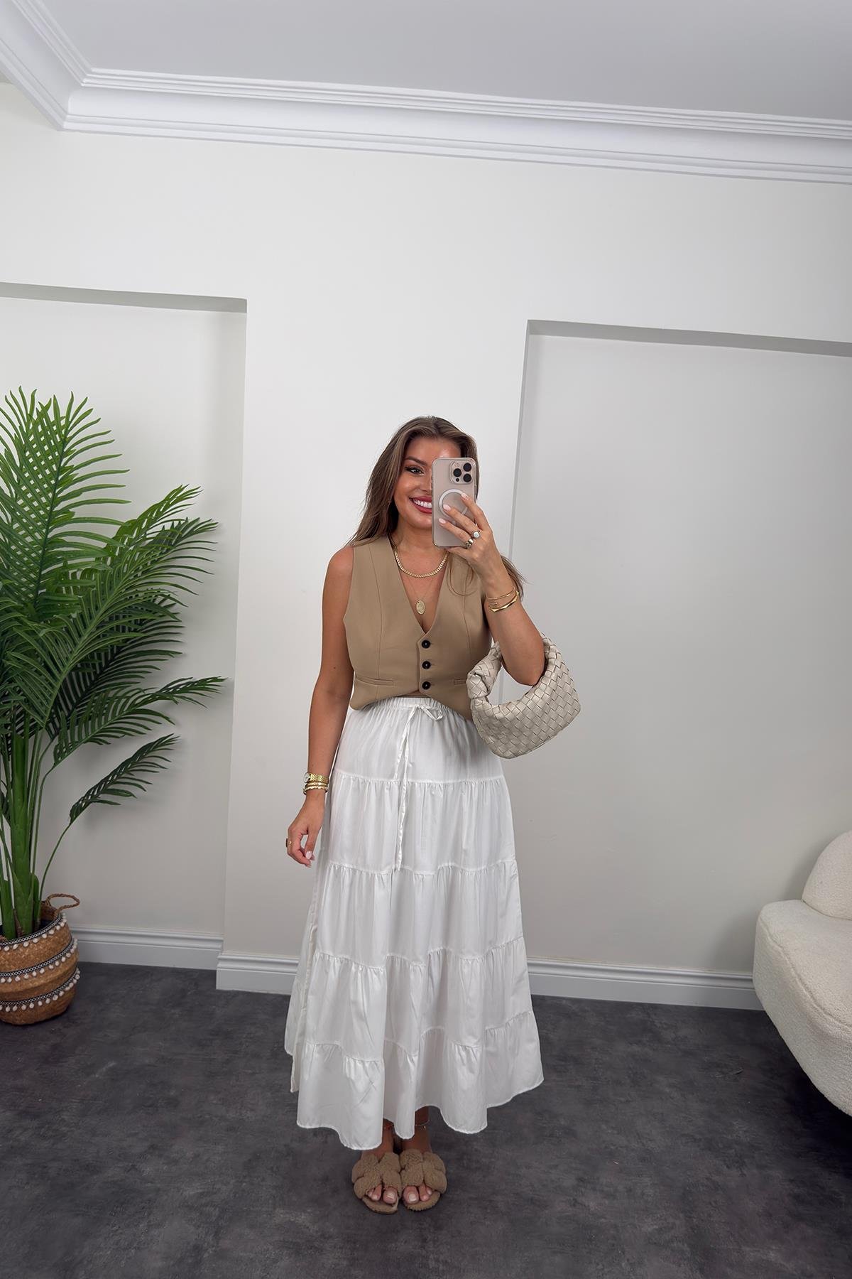 Pamuk Poplin Maxi Beyaz Etek