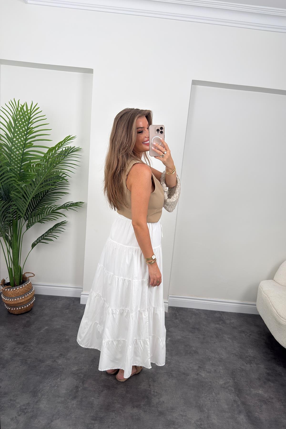 Pamuk Poplin Maxi Beyaz Etek