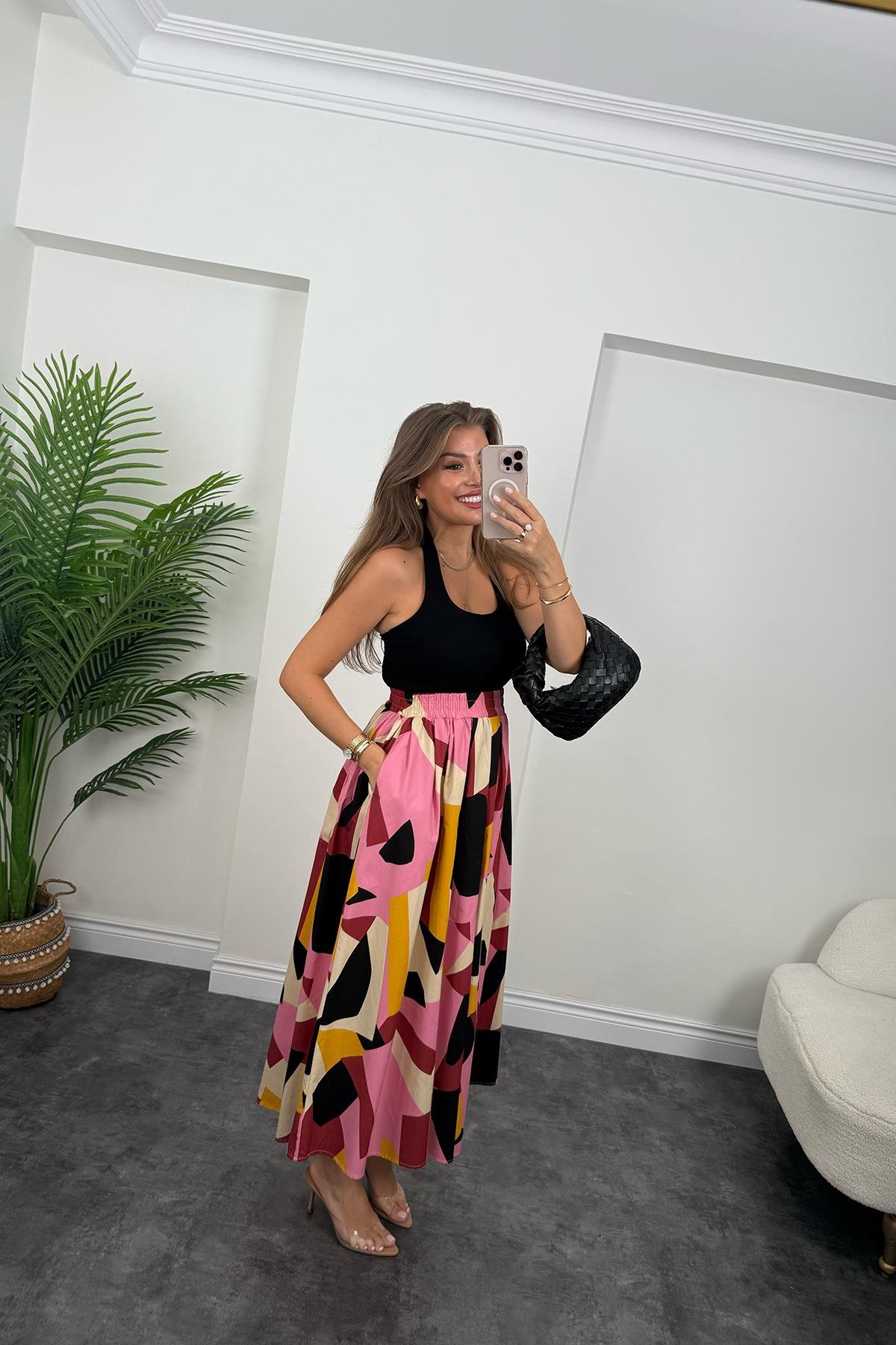 Pamuk Poplin Pembe Sarı Desenli Maxi Etek