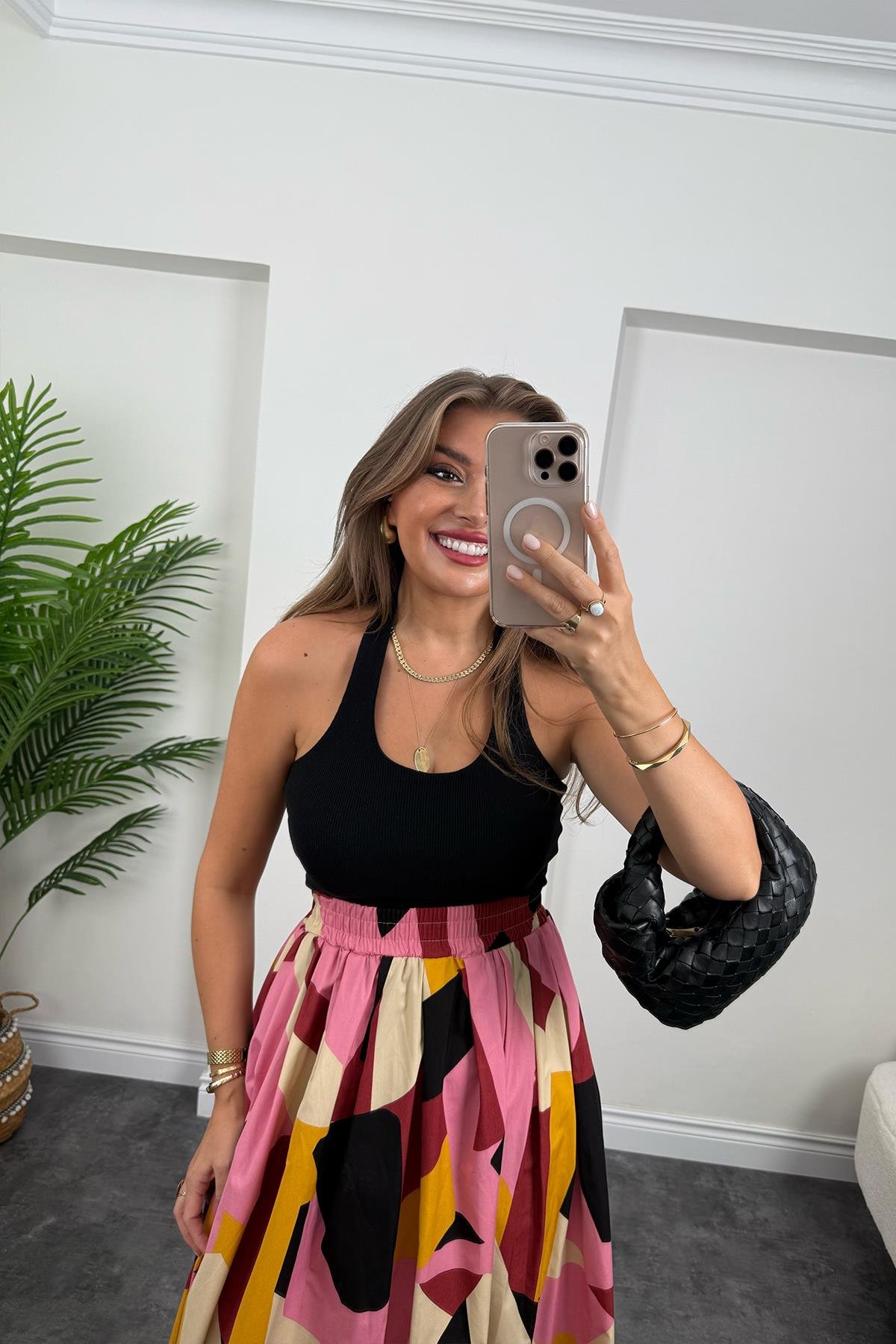 Pamuk Poplin Pembe Sarı Desenli Maxi Etek