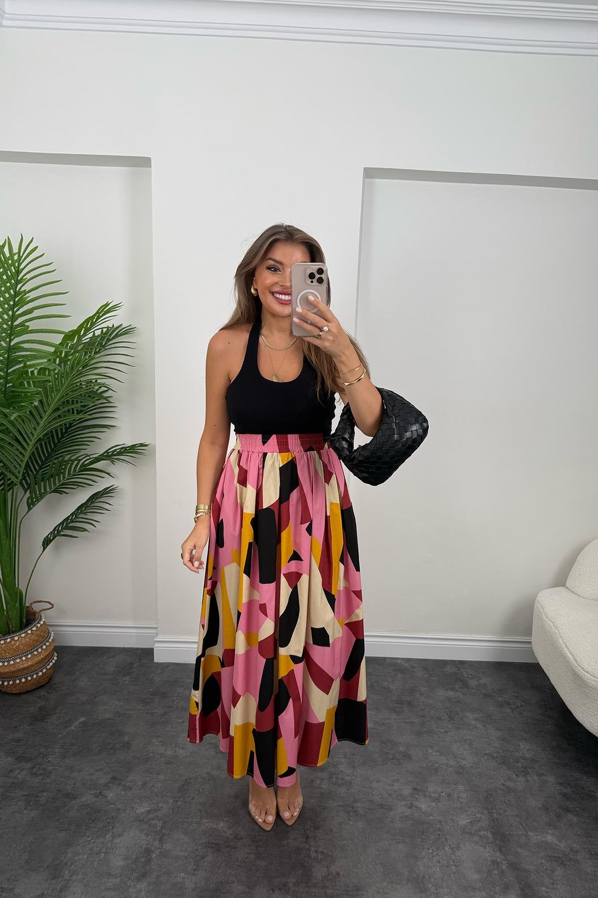 Pamuk Poplin Pembe Sarı Desenli Maxi Etek