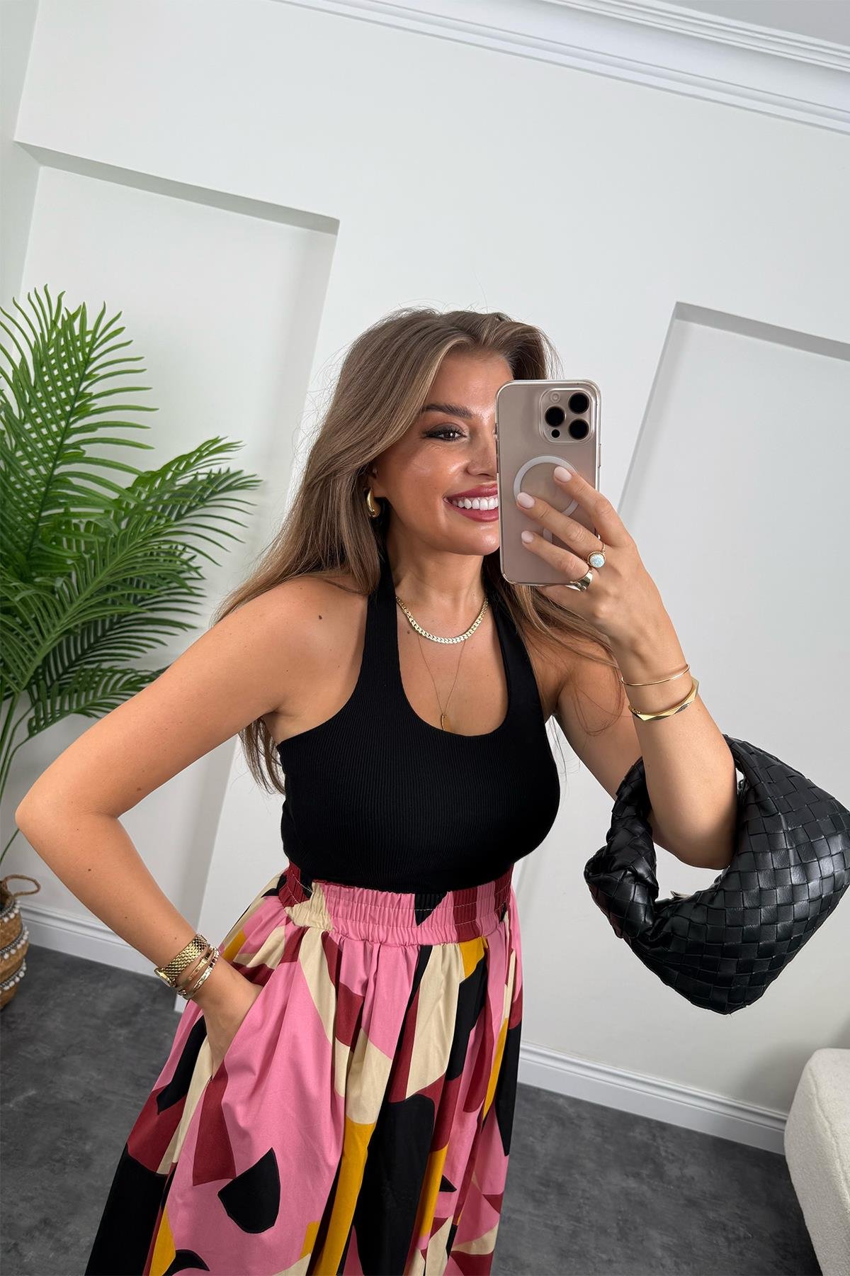 Pamuk Poplin Pembe Sarı Desenli Maxi Etek