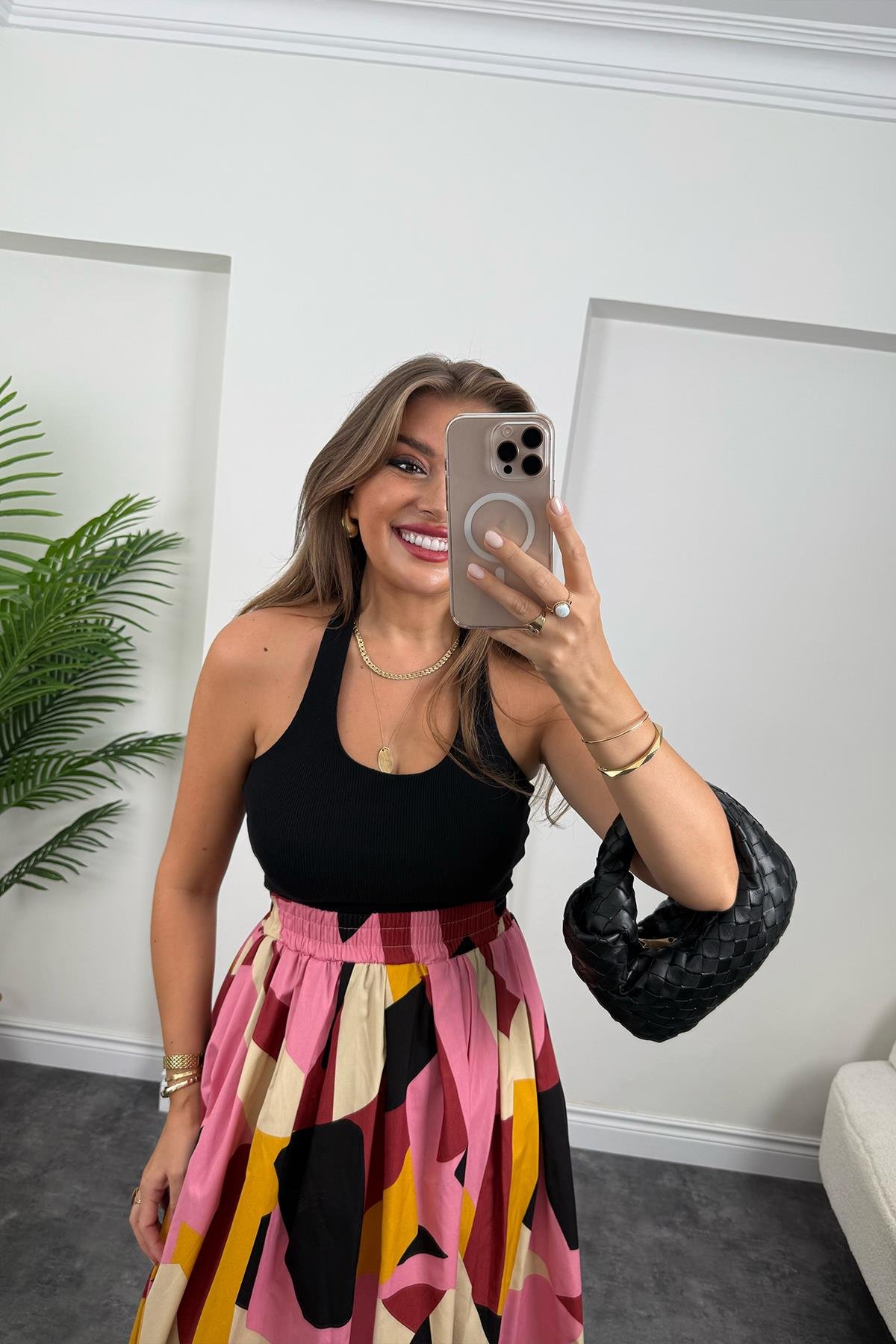 Pamuk Poplin Pembe Sarı Desenli Maxi Etek