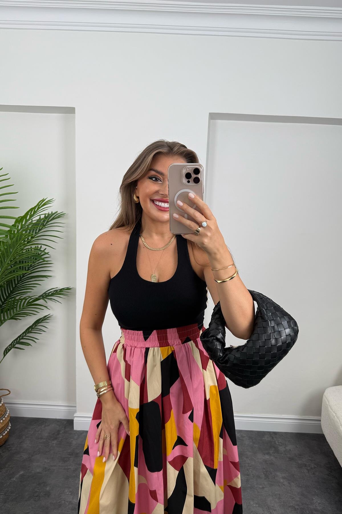 Pamuk Poplin Pembe Sarı Desenli Maxi Etek