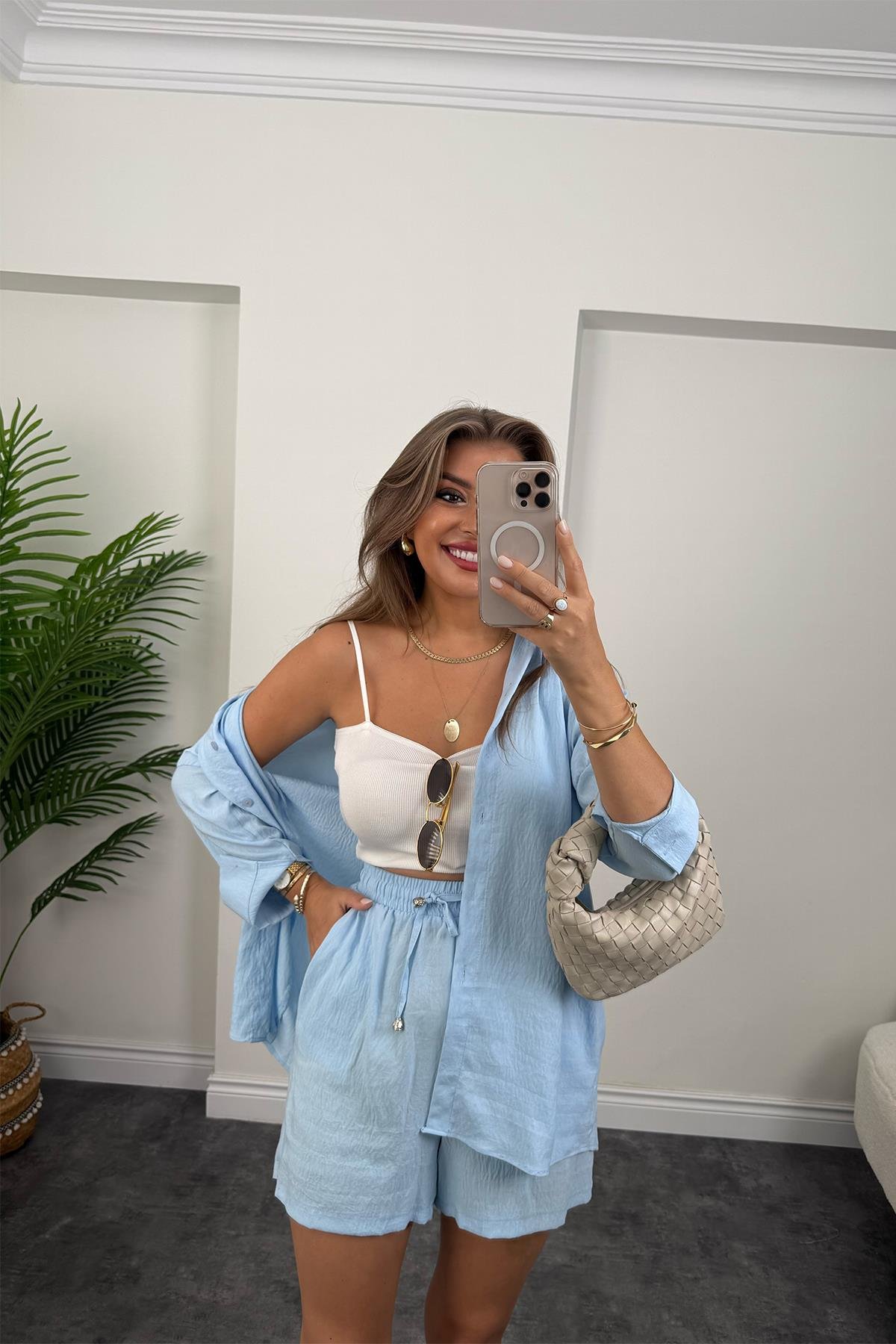 Pamuk Viskon Basic Şort Gömlek Takım Mavi