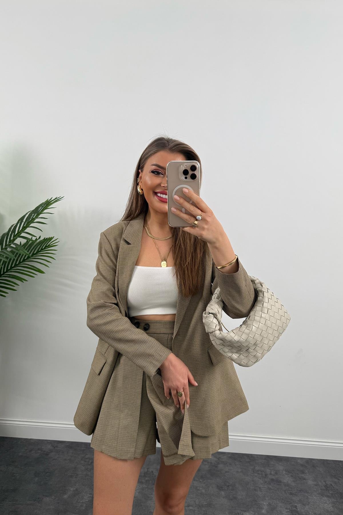 Perry Premium Şort Etek Blazer Ceket Ekoseli Takım